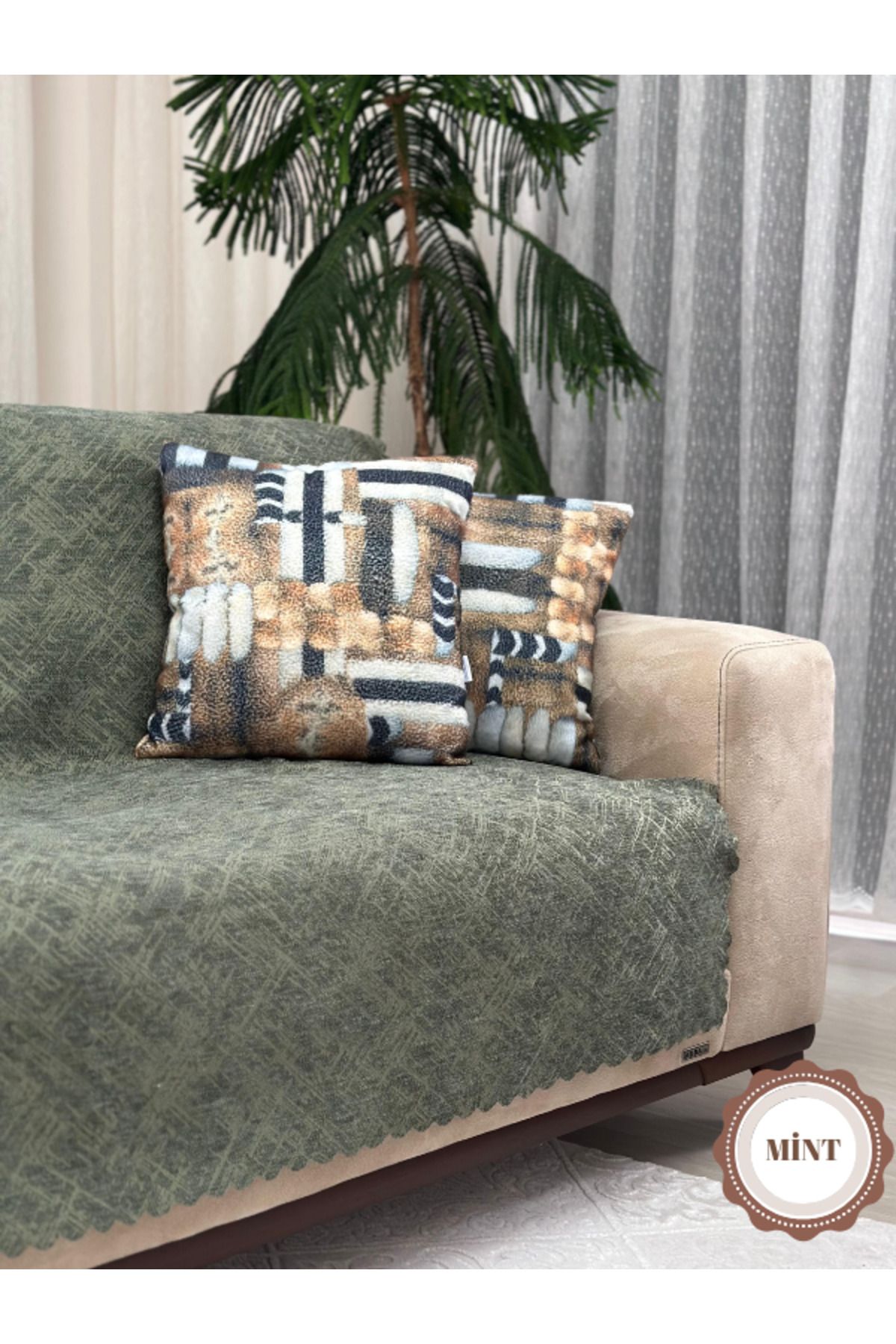 PAWN MARK COMPANY Jakarlı Şönil Kaymaz Koltuk Örtüsü ve Çekyat Örtüsü 175x215 cm | Mikrofiber Koltuk Şalı mint yeşili