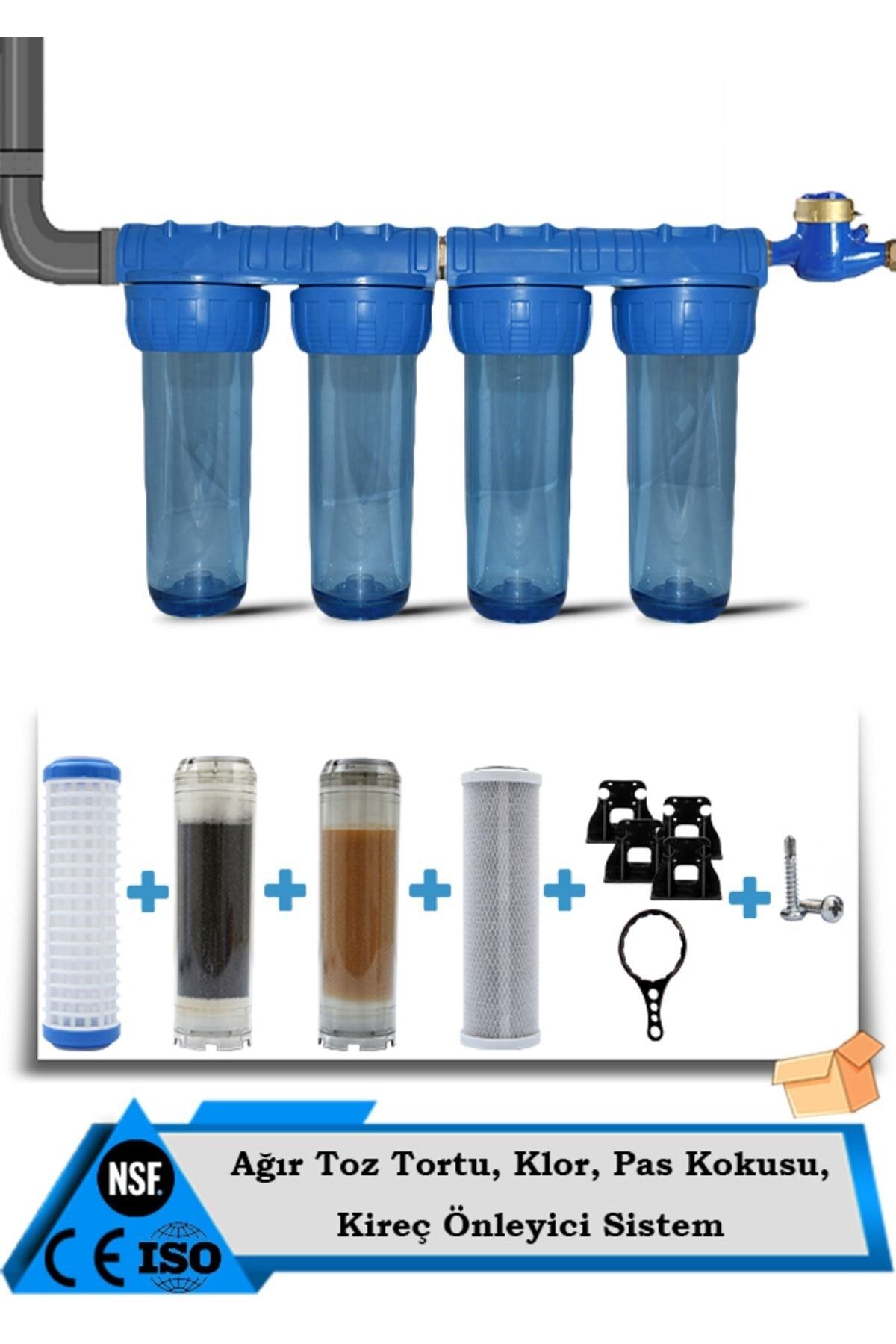 Filter Store Daire Bina Sayaç Girişi 10" Inch 4 Aşama Su Arıtma Cihazı (İLETKENLİK DÜŞÜRÜCÜ YUMUŞATMA SİSTEMİ)