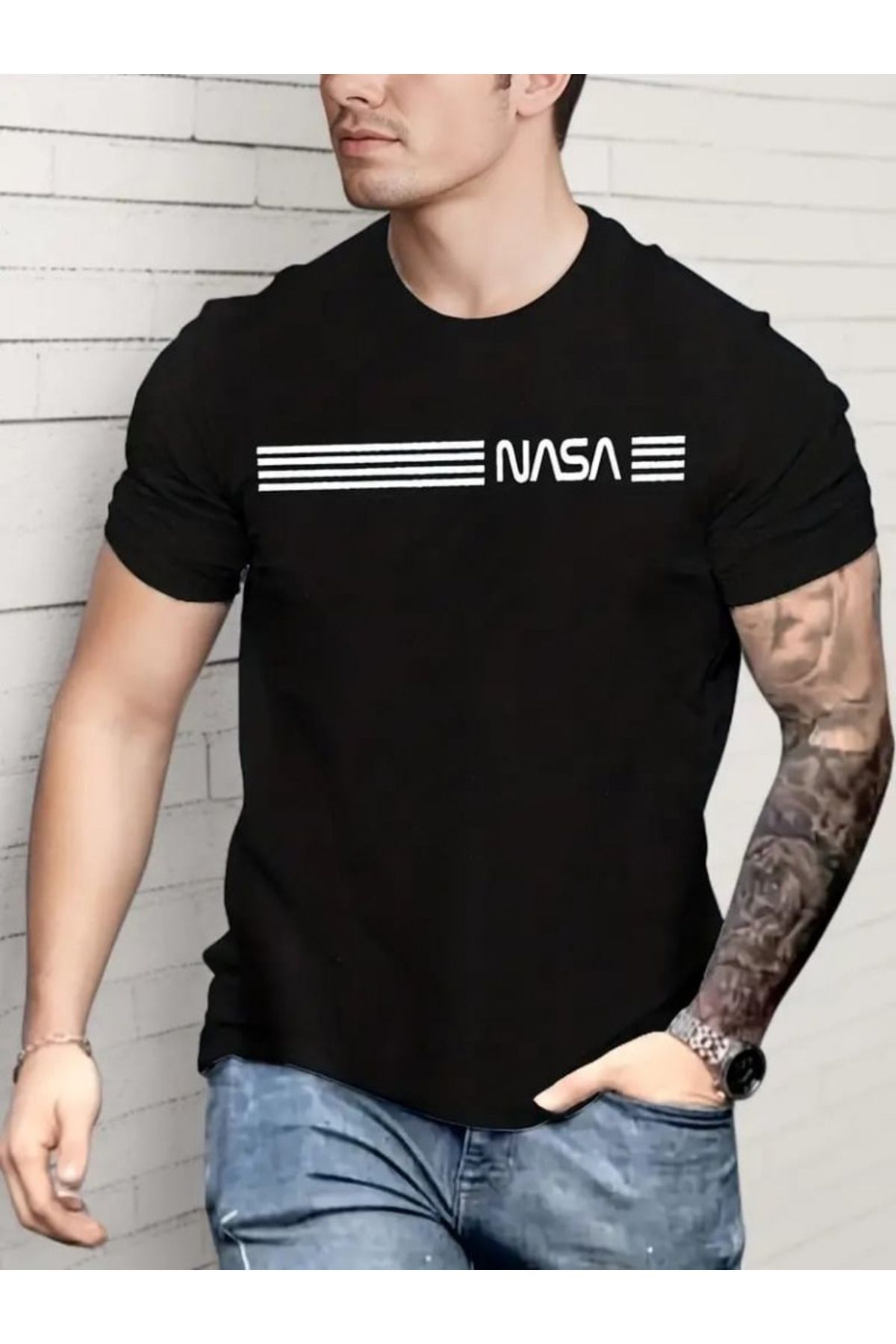 anizmir Erkek Kısa Kollu NASA Baskı Bisiklet Yaka T-shirt