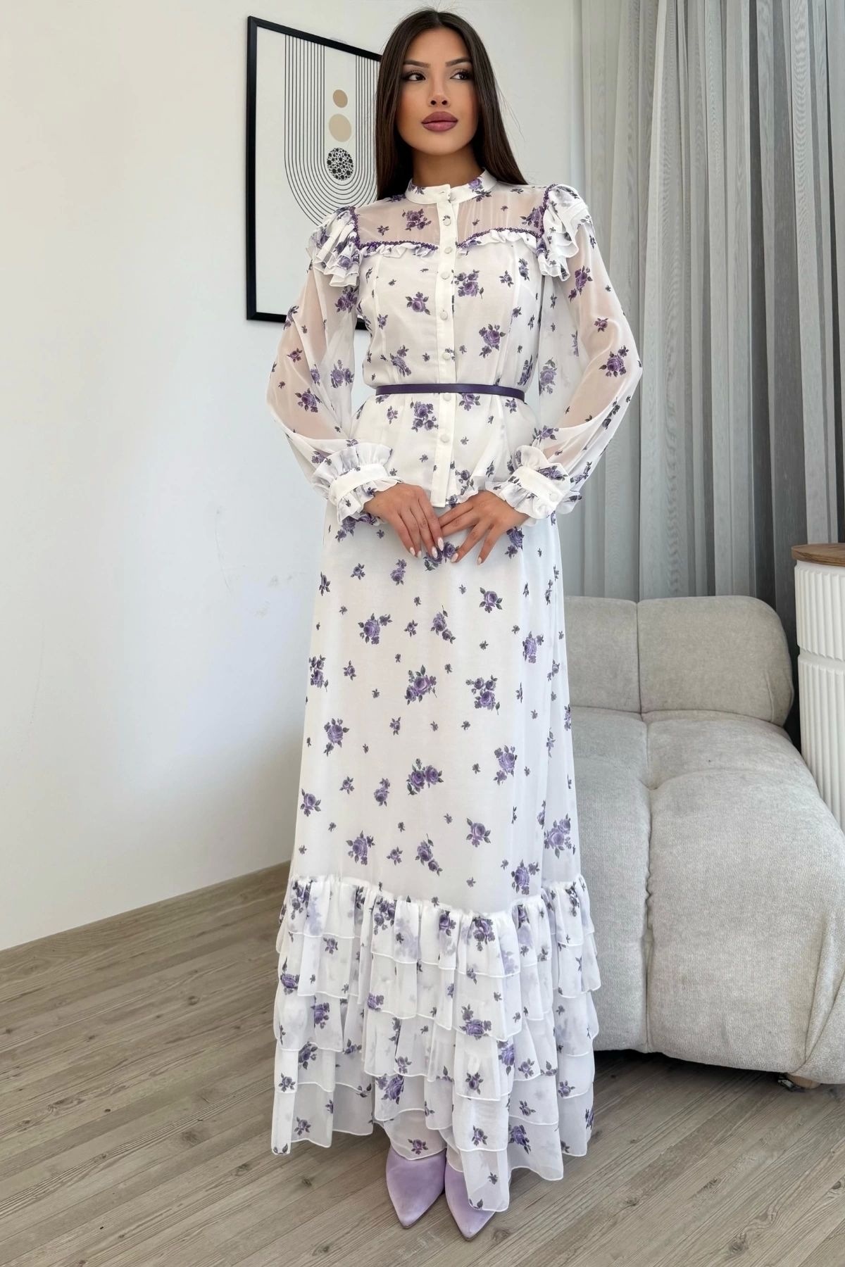 lodmela-Floral Pattern Blouse and Skirt Double Suit 4707-White/Purple 3