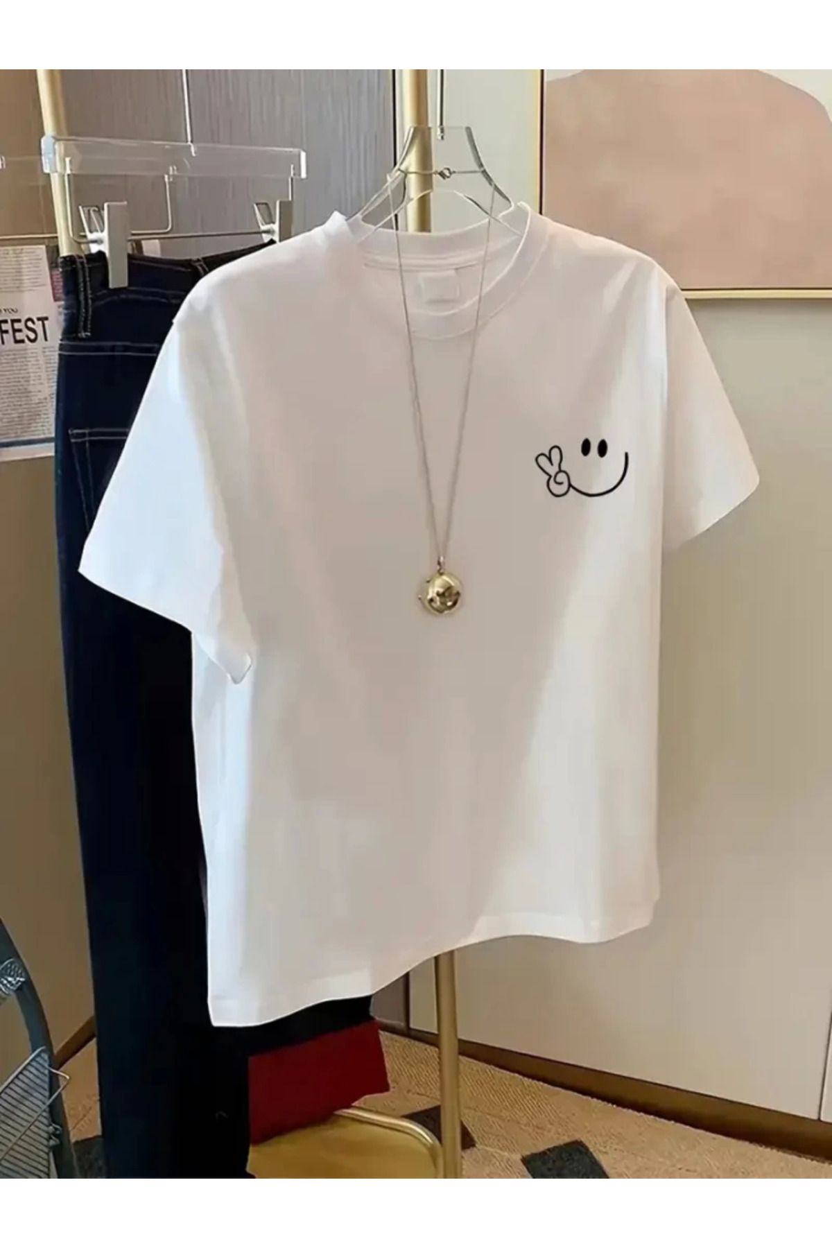 anizmir Baskılı Oversize Bisiklet Yaka T-shirt - Beyaz