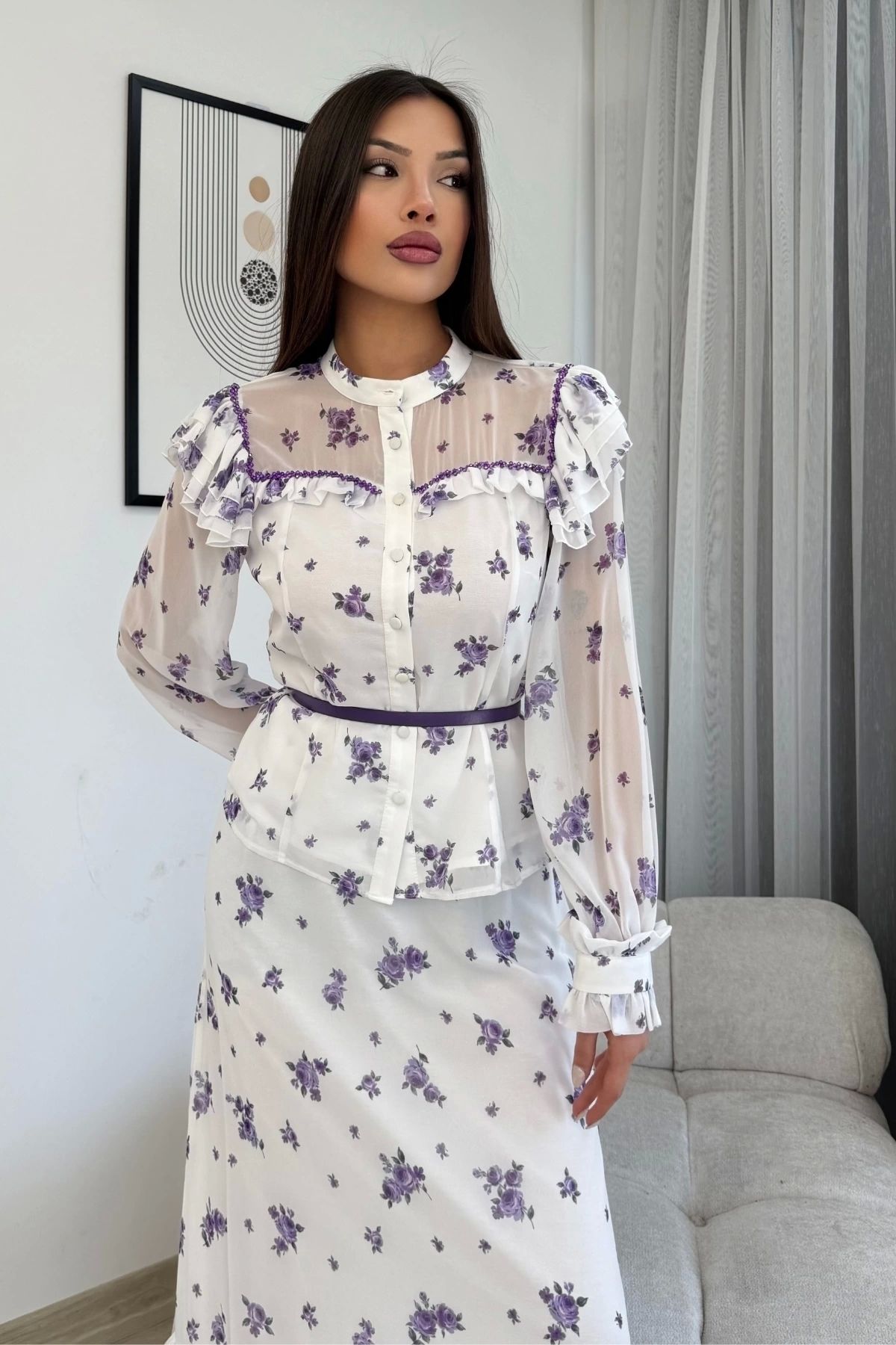 lodmela-Floral Pattern Blouse and Skirt Double Suit 4707-White/Purple 2