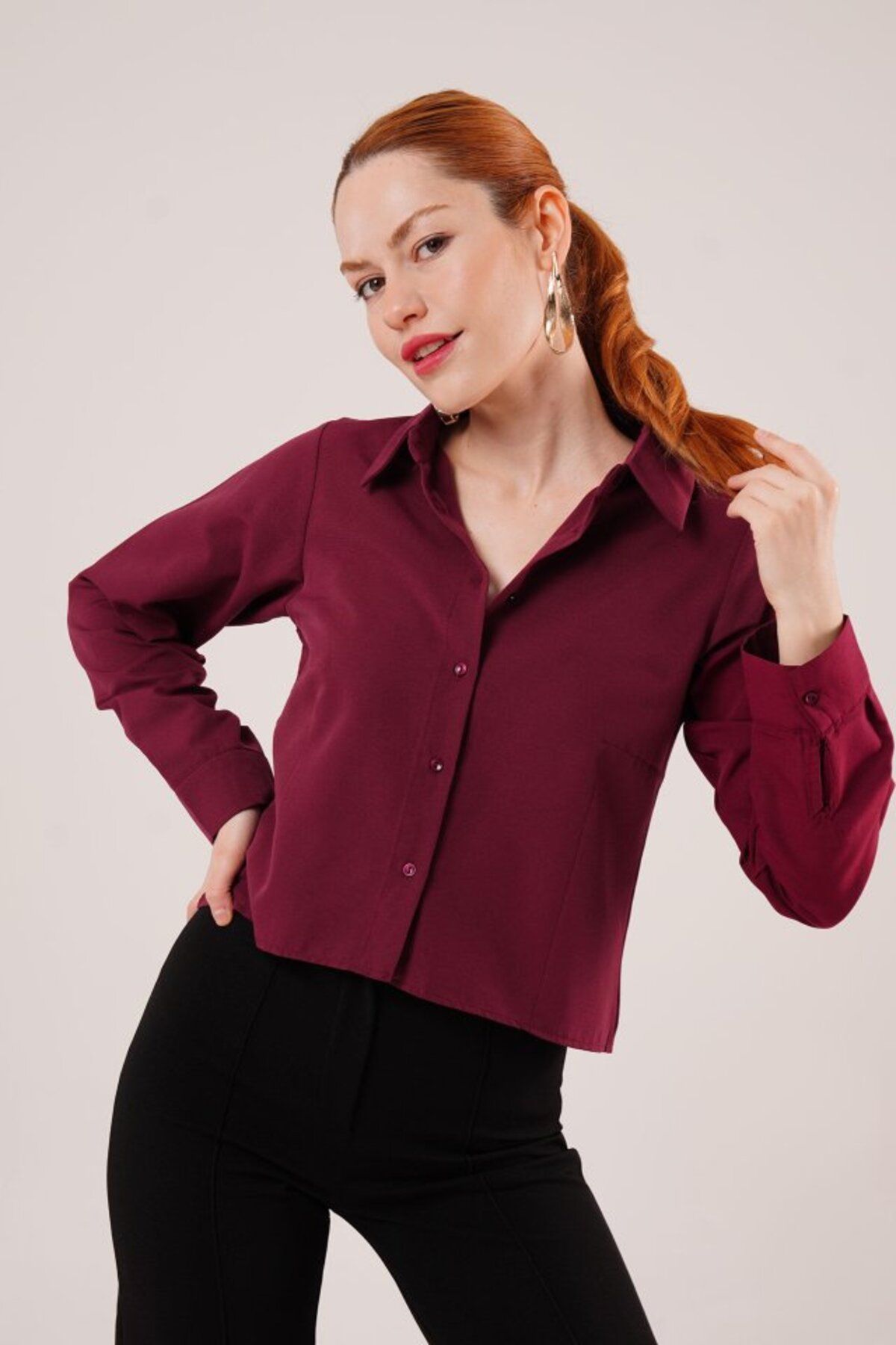 ARUZ MODA Ön Dikiş Detaylı Bordo Gömlek