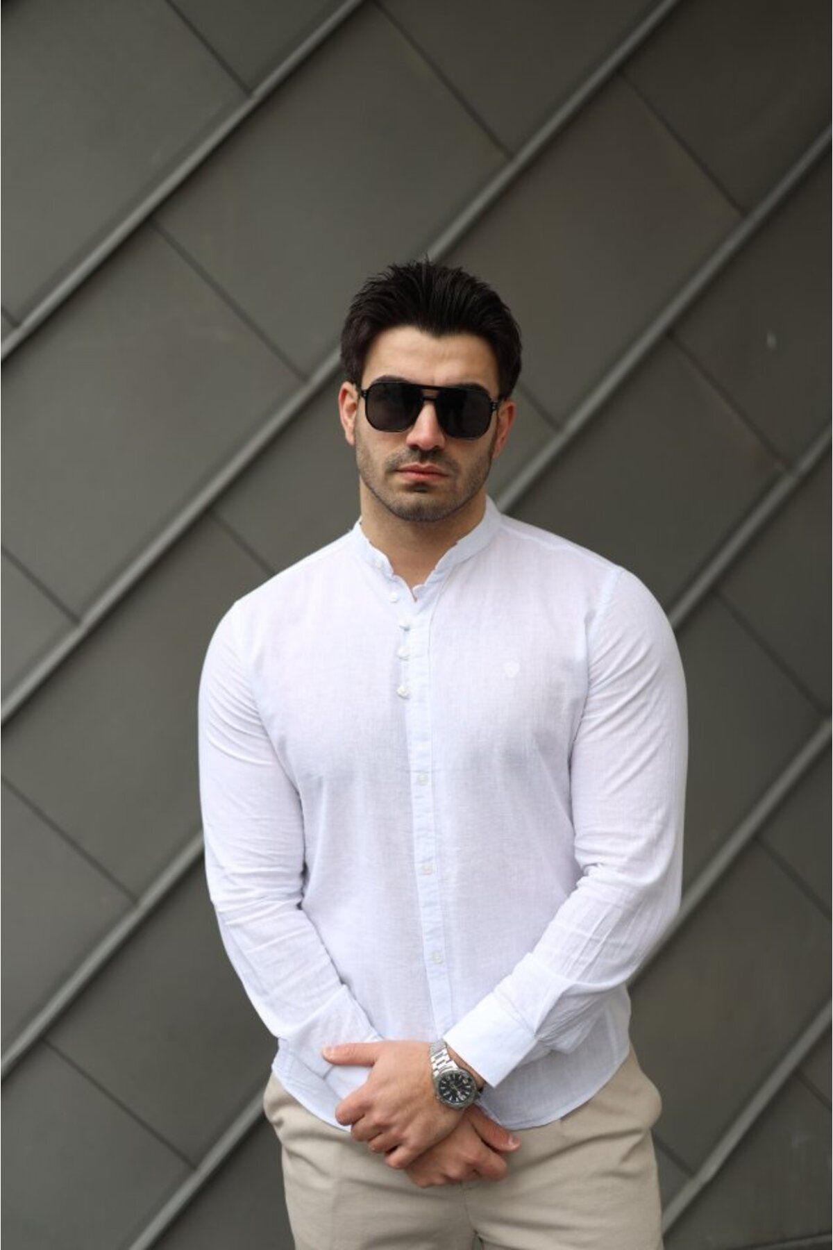 ARUZ MODA Erkek Pamuklu Keten Kumaş Hakim Yaka Gömlek