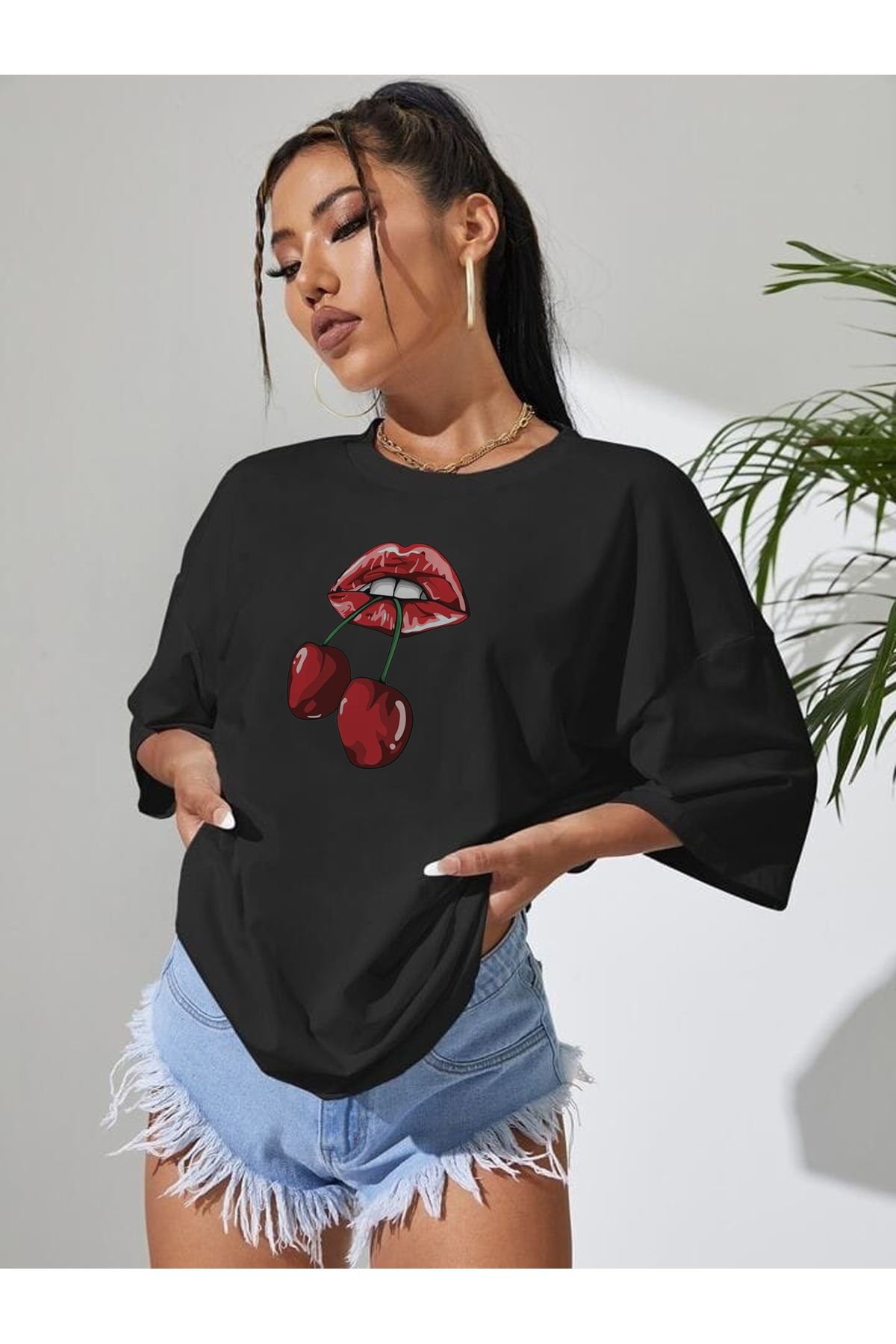 TekTarzz Unisex Kiraz Baskılı Tasarım Tshirt