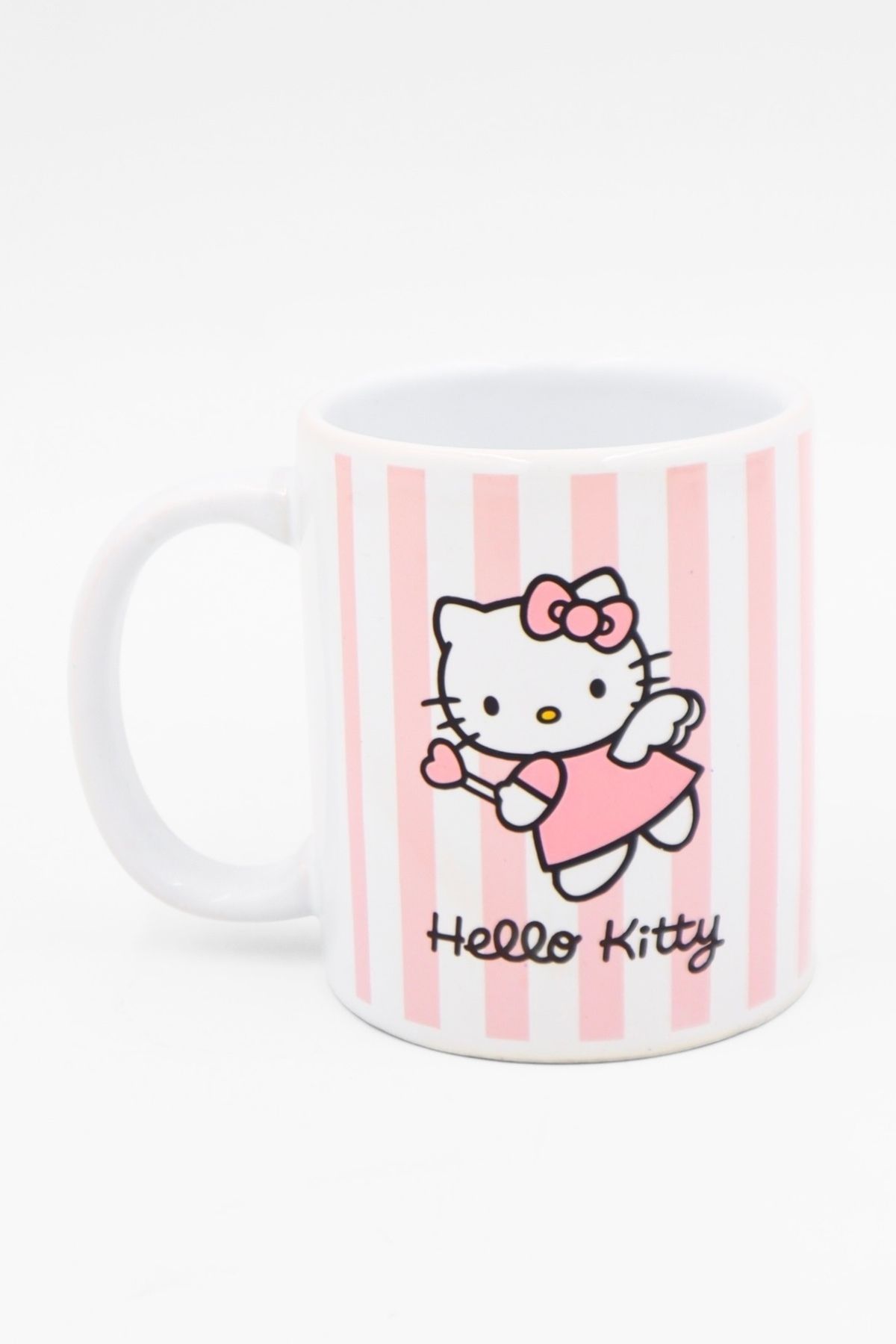 BİBANAPROMOSYON Beyaz Pembe Çizgili Hello Kitty Kupa
