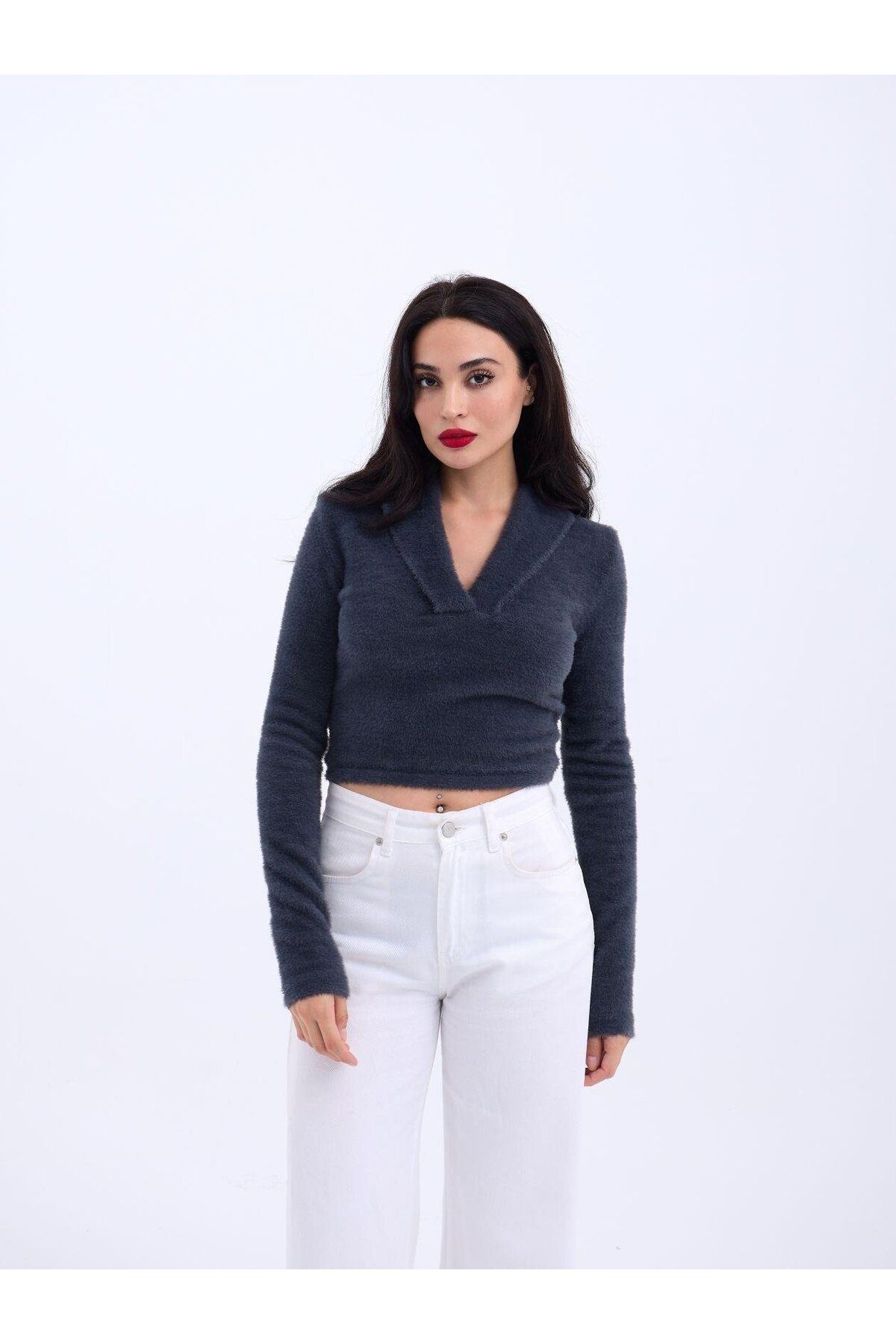 anizmir 42531 TRİKO SİMLİ YAKALI CROP-ANTRASİT