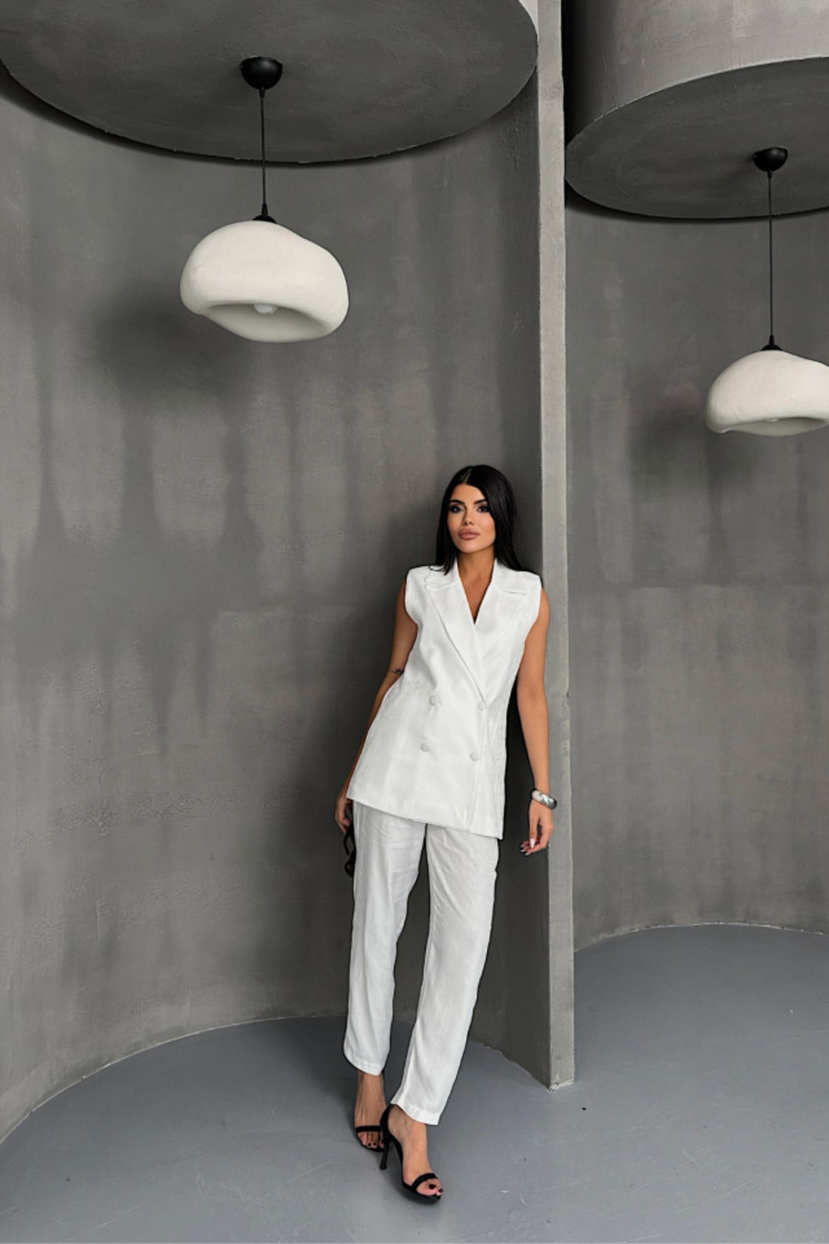 ARUZ MODA JAKAR KUMAŞ YELEK - PANTOLON TAKIM - Beyaz