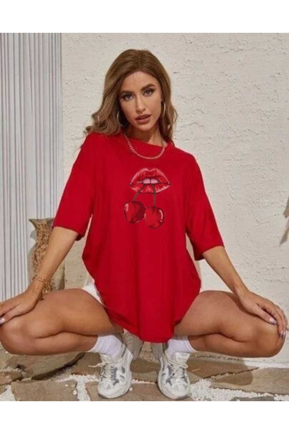 TekTarzz Unisex Kiraz Baskılı Tasarım Tshirt