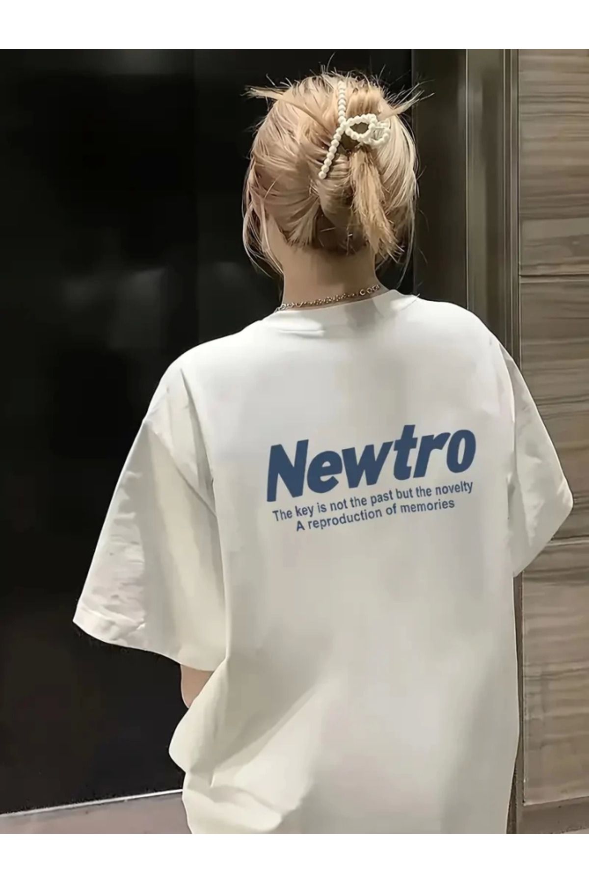 anizmir Baskılı Oversize Bisiklet Yaka T-shirt - Beyaz