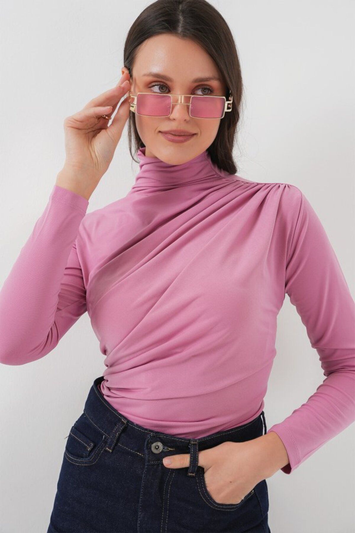 ARUZ MODA 925 Büzgü Detaylı Sandy Bluz - Gül Kurusu