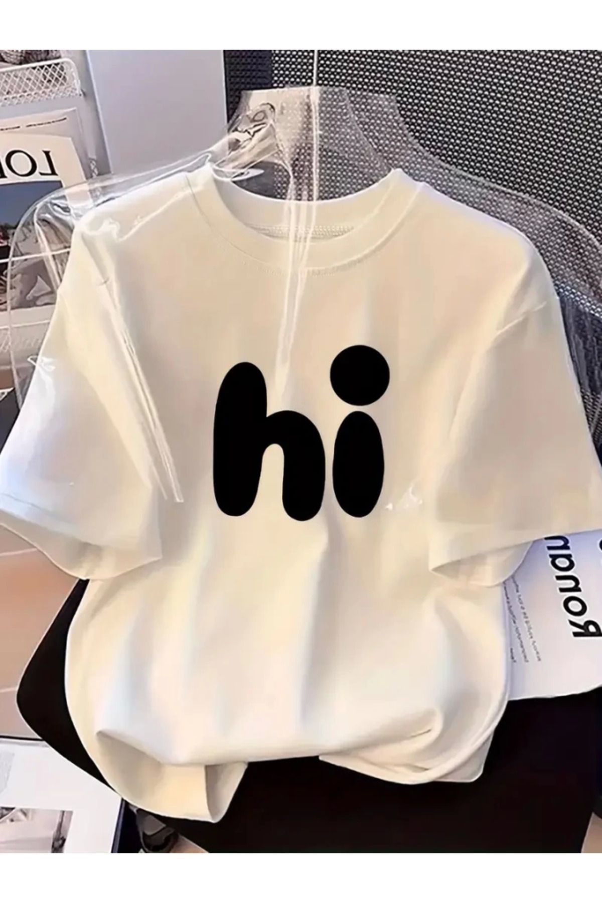 anizmir Baskılı Oversize Bisiklet Yaka T-shirt - Beyaz