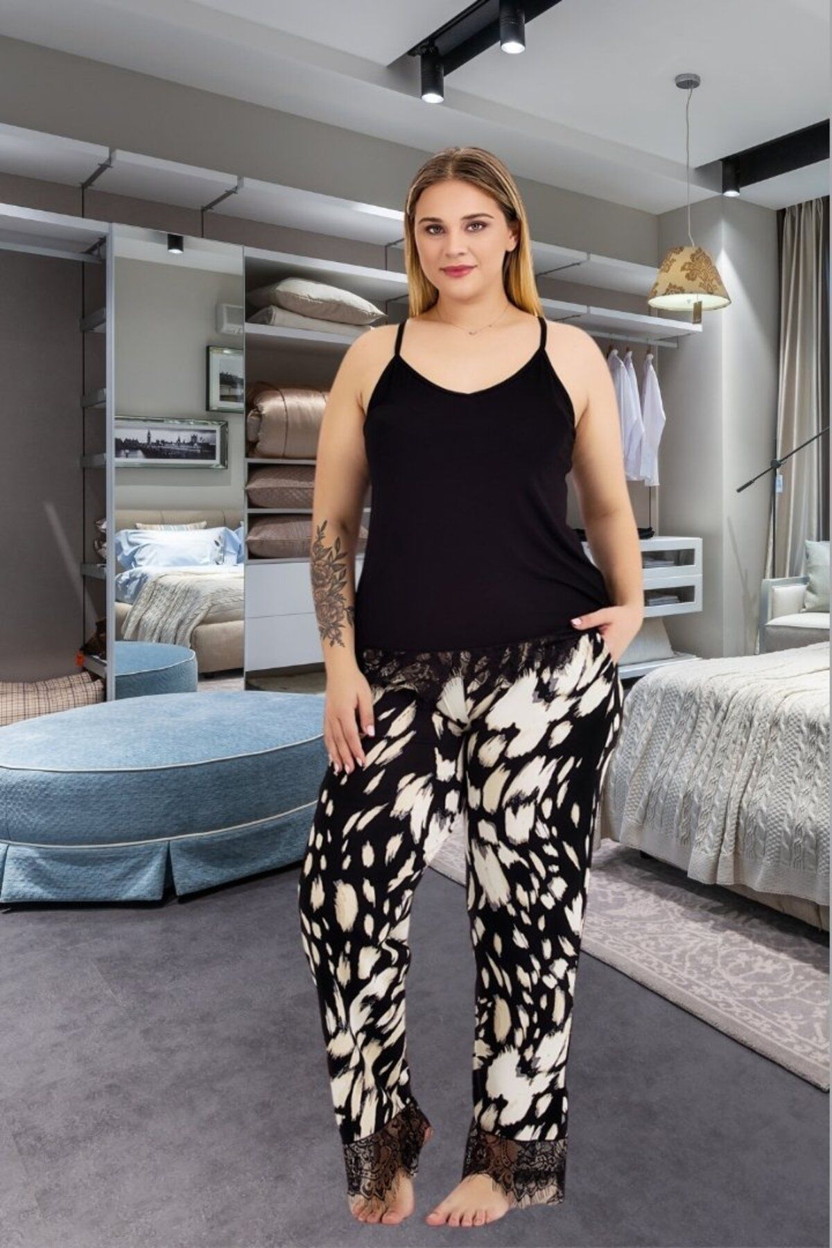 Truva XXL Büyük Beden Askılı Alt puantiyeli Dantel Detaylı Pijama Takım