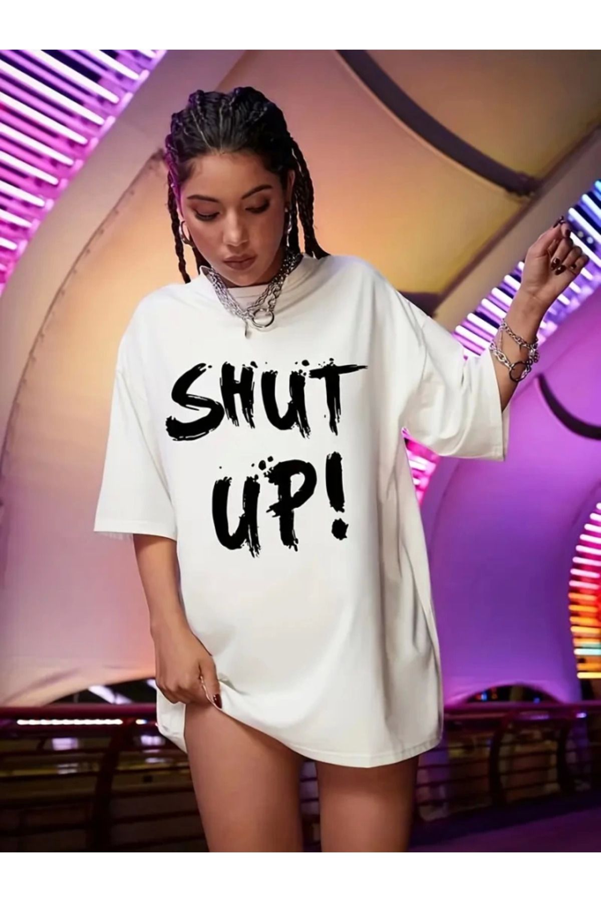 anizmir Baskılı Oversize Bisiklet Yaka T-shirt - Beyaz