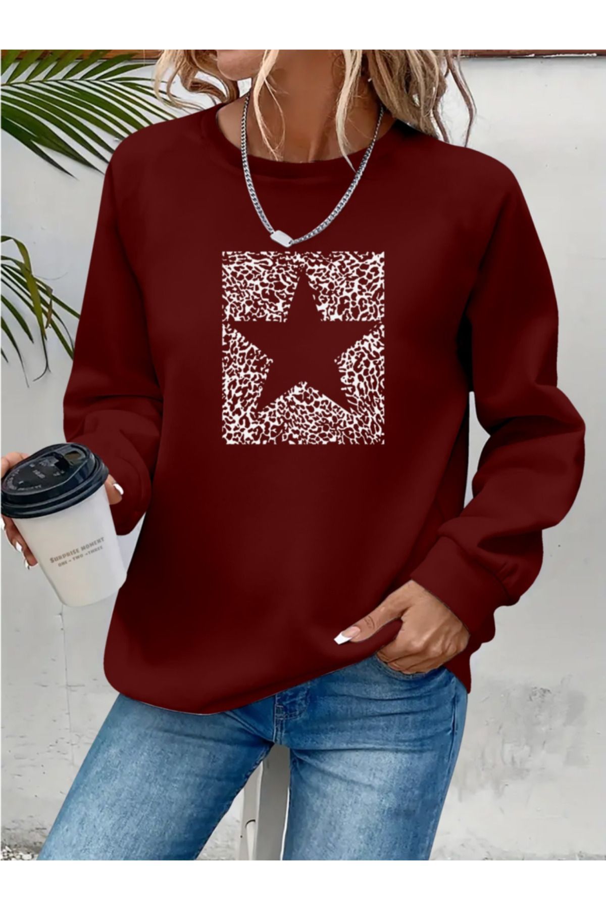ARUZ MODA Kadın Uzun Kollu Bisiklet Yaka Desenli Viskon Iki Iplik Bluz