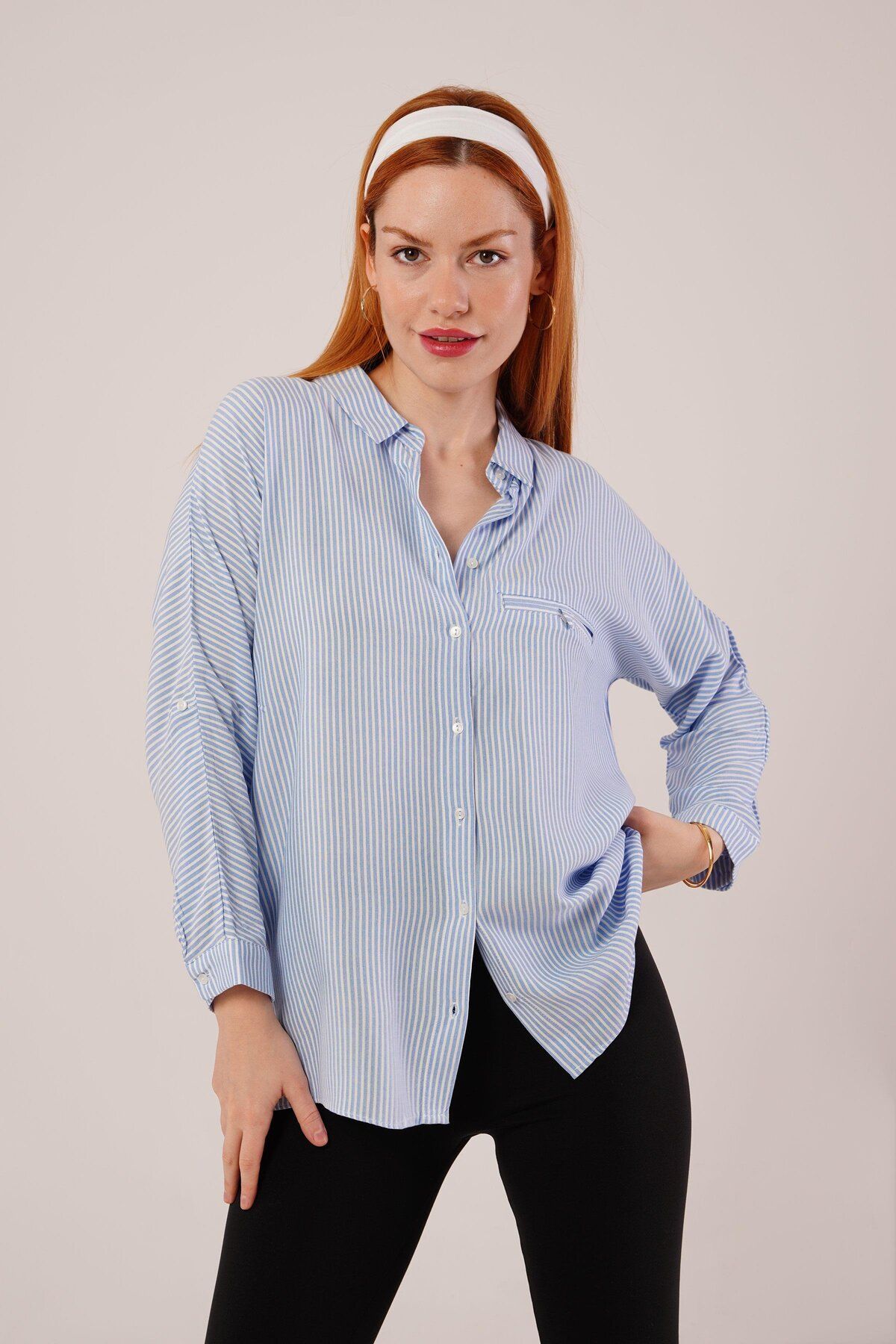 ARUZ MODA Cep Detay Çizgili Oversize Mavi Gömlek