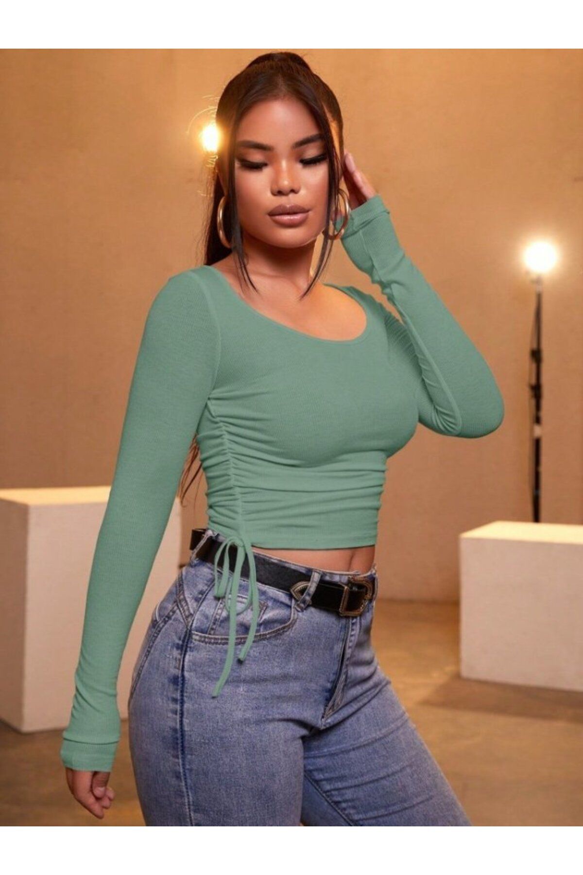 ARUZ MODA Kadın Uzun Kollu Yanlar Büzgü Detay Kaşkorse Crop