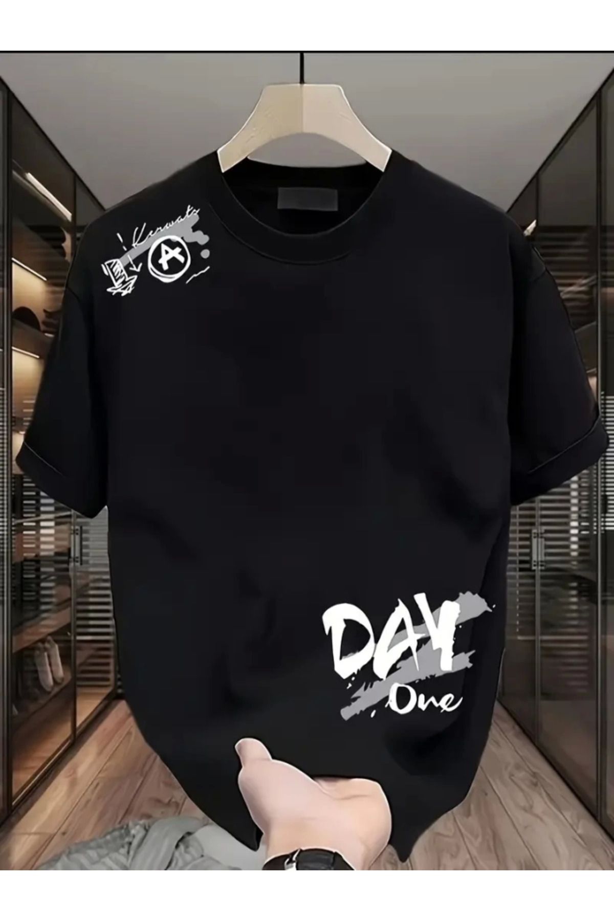 anizmir Baskılı Oversize Bisiklet Yaka T-shirt - Siyah