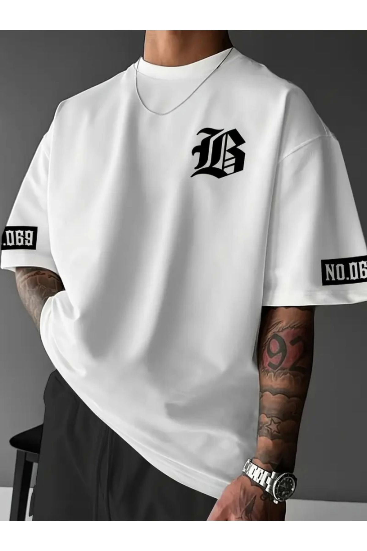 anizmir Baskılı Oversize Bisiklet Yaka T-shirt - Beyaz