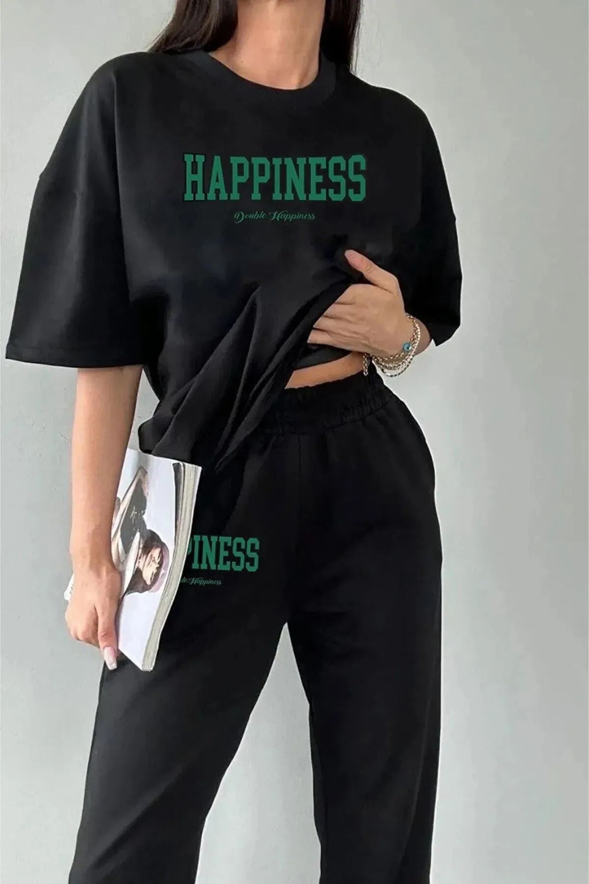 ROYAL FASHİON Happiness Eşofman Altı T-Shirt - Siyah Jogger Tişört Alt Üst Eşofman Takımı Oversize Bisiklet Yaka