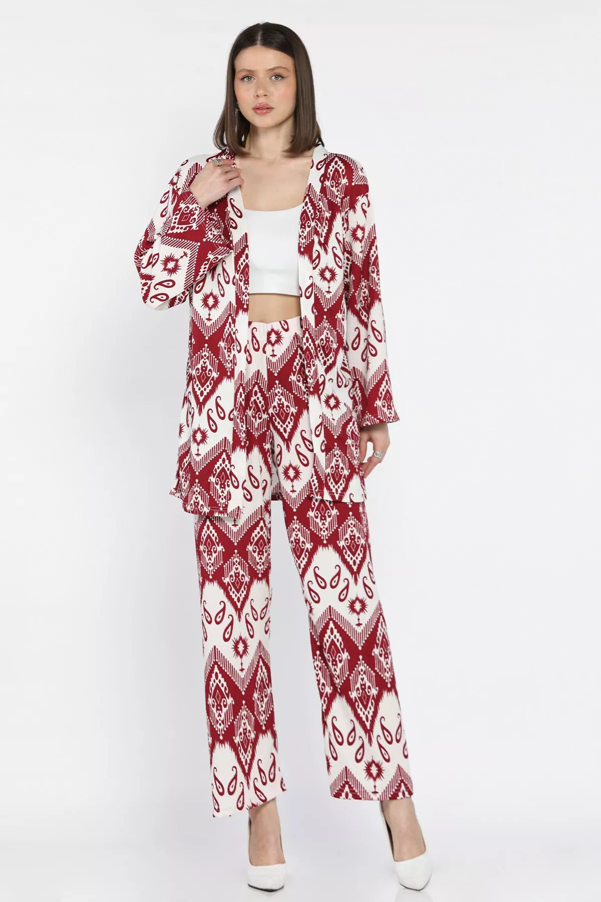 GÜLSELİ Krembordo Kadın Desenli Kimono Pantolon İkili Takım