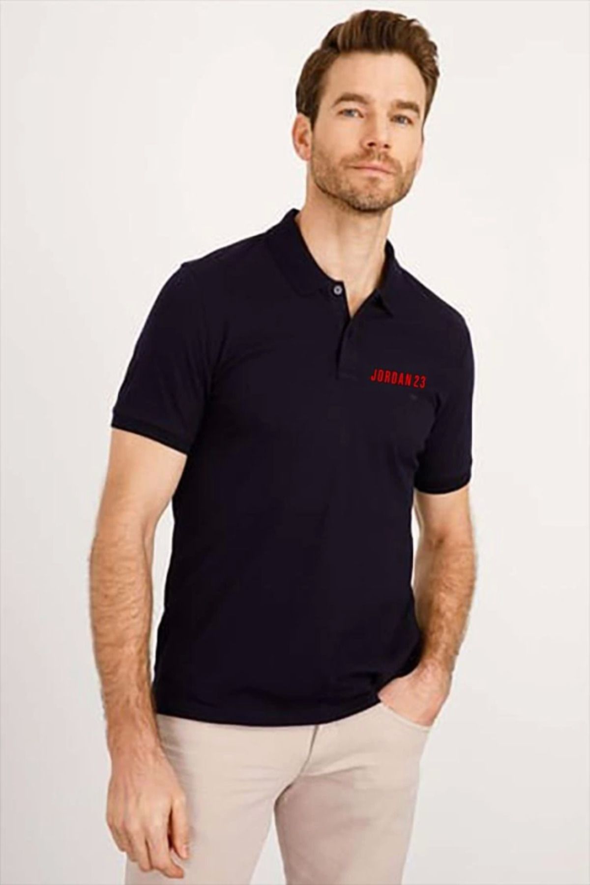 anizmir Yakası Düğmeli Yakalı Pike Baskılı T-Shirt - Beyaz