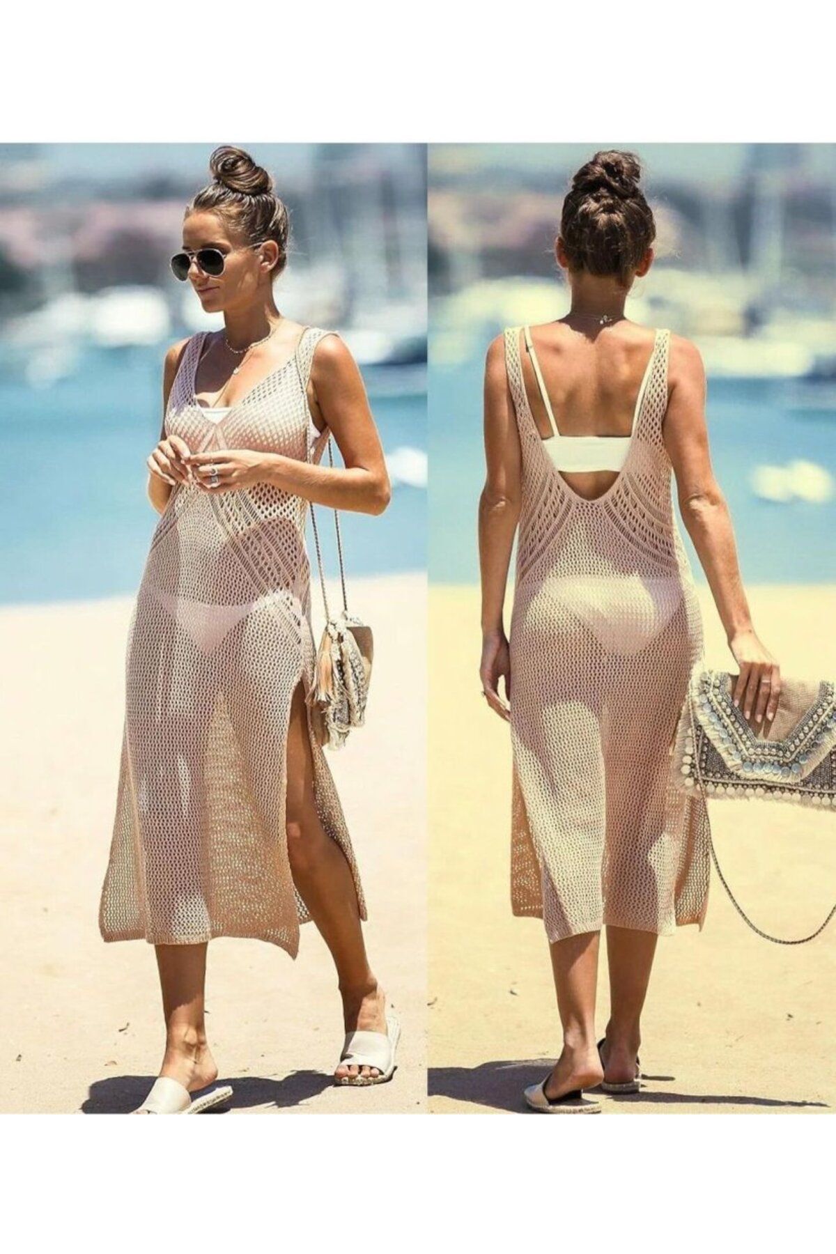 ARUZ MODA Kadın V Yaka Kalın Askılı Sırt Derin Dekolte Ve Yırtmaç Detay Triko Pareo