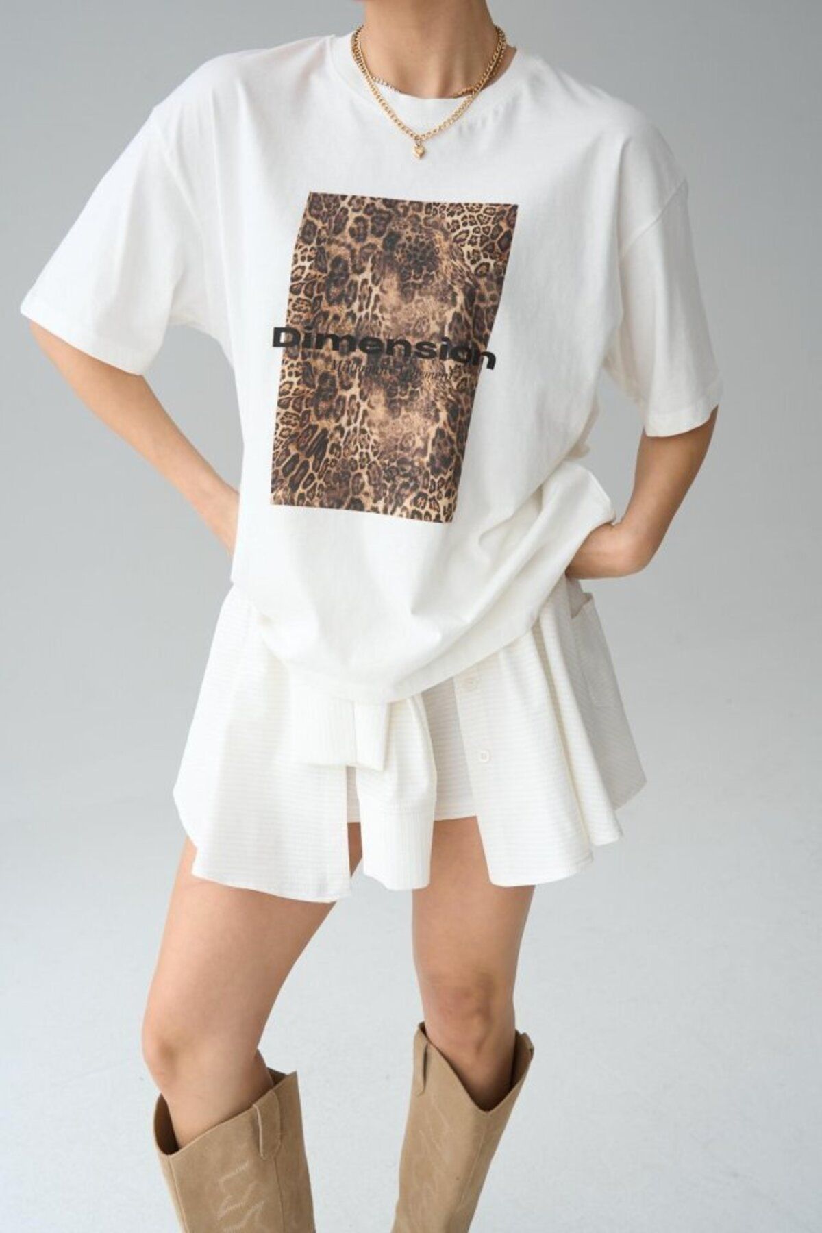 anizmir Leopar Baskı T-Shirt - Krem