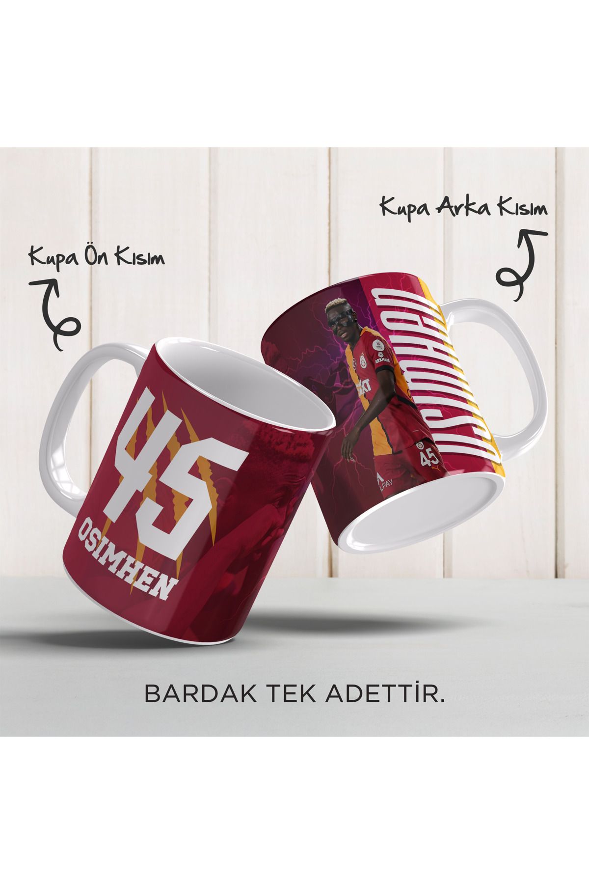 YELKOVAN TASARIM Sarı Kırmızı Taraftar Baskılı Kişiye Özel Isim ve Forma Numaralı Porselen Kupa Bardak