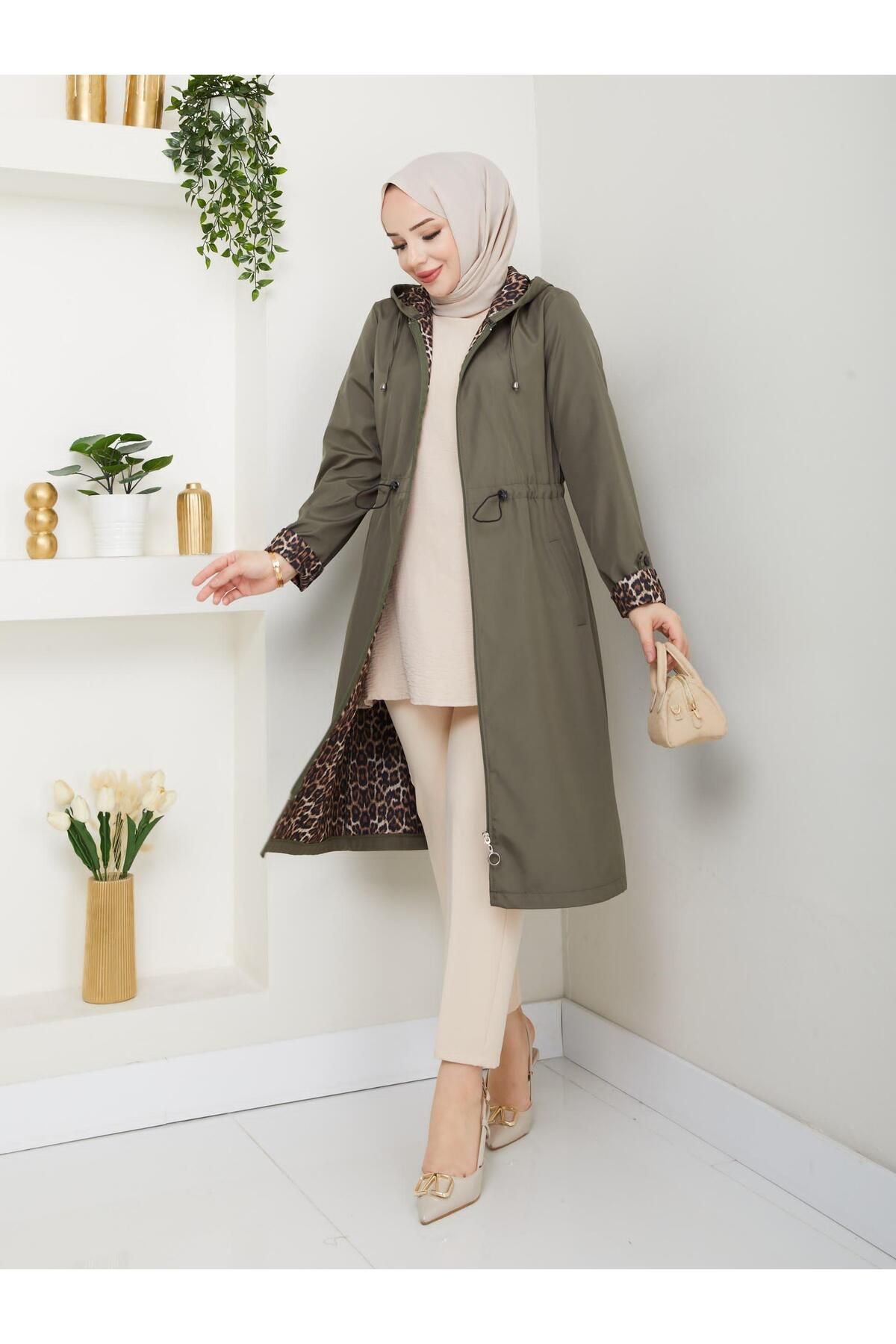 Dabenti women style Kadın Büyük Beden Leopar Detaylı Trençkot