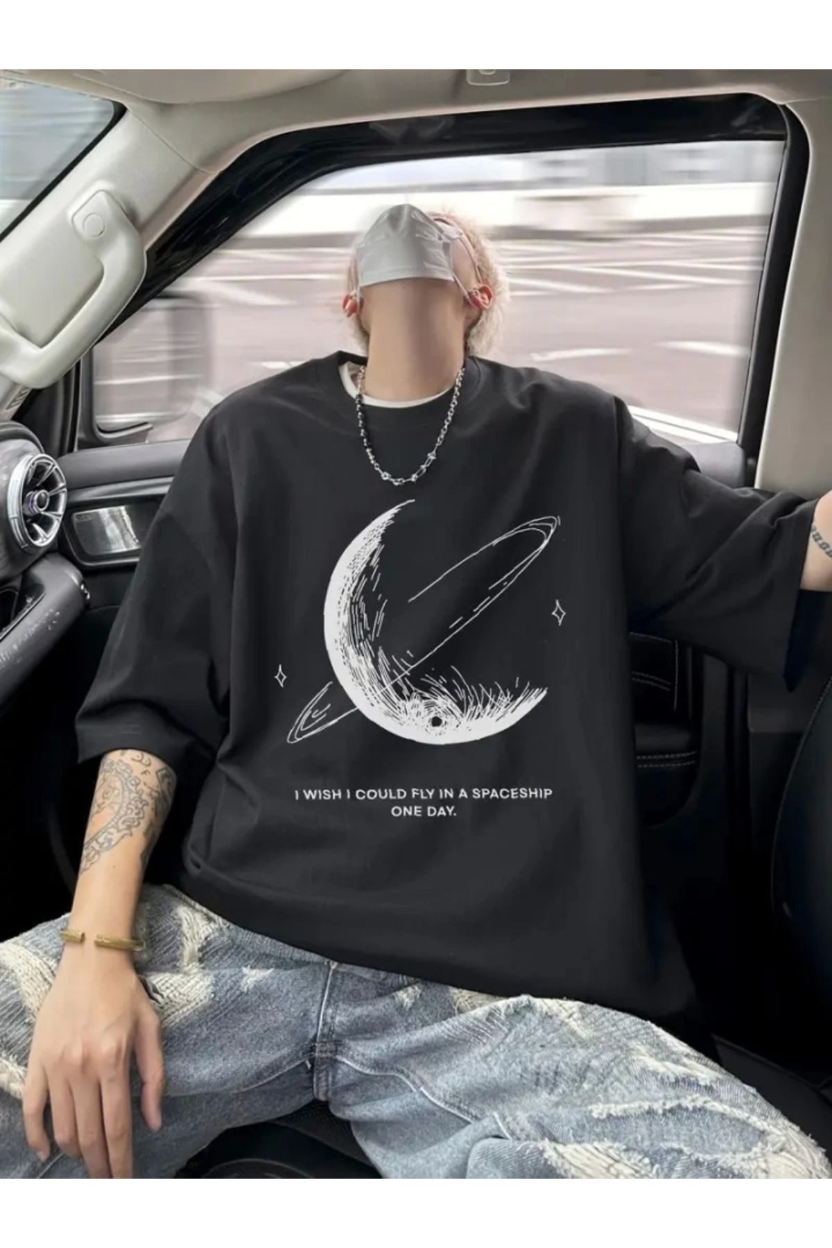 anizmir Baskılı Oversize Bisiklet Yaka T-shirt - Siyah