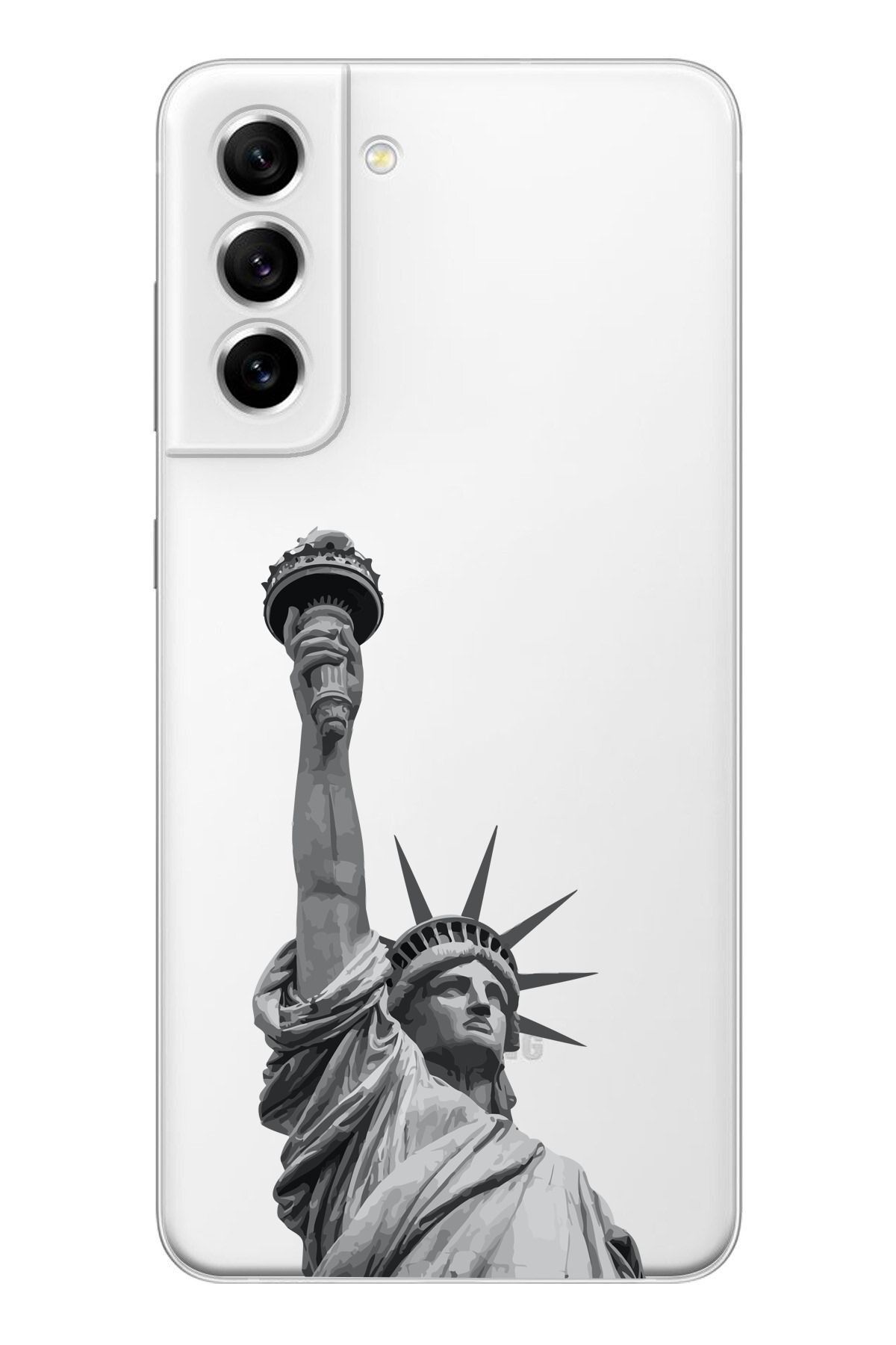 moonset Samsung Galaxy S21 Uyumlu Özgürlük Heykeli Tasarımlı Baskılı Şeffaf Telefon Kılıfı