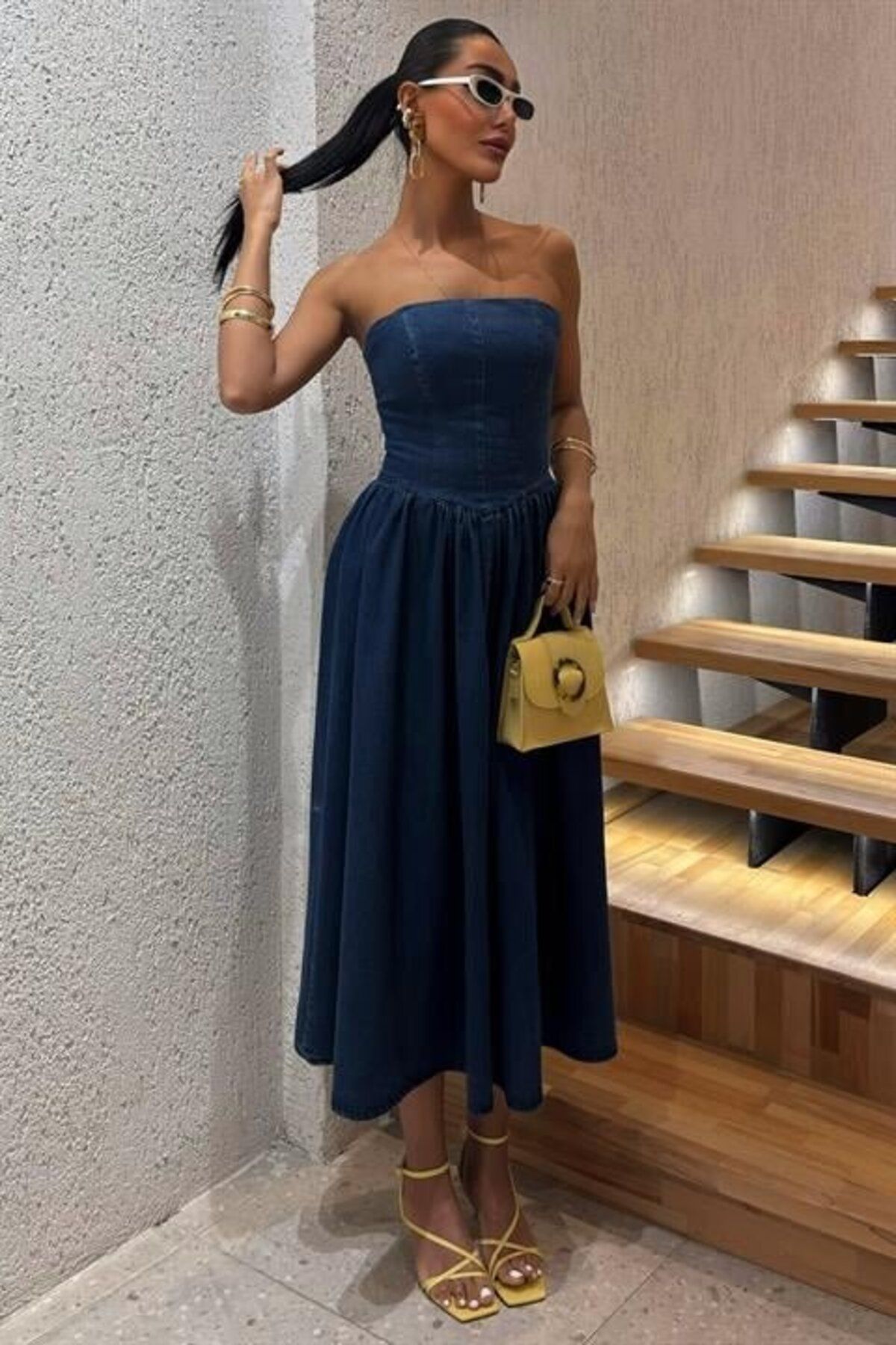 anizmir Beli Pileli Straplez Denim Elbise 2886