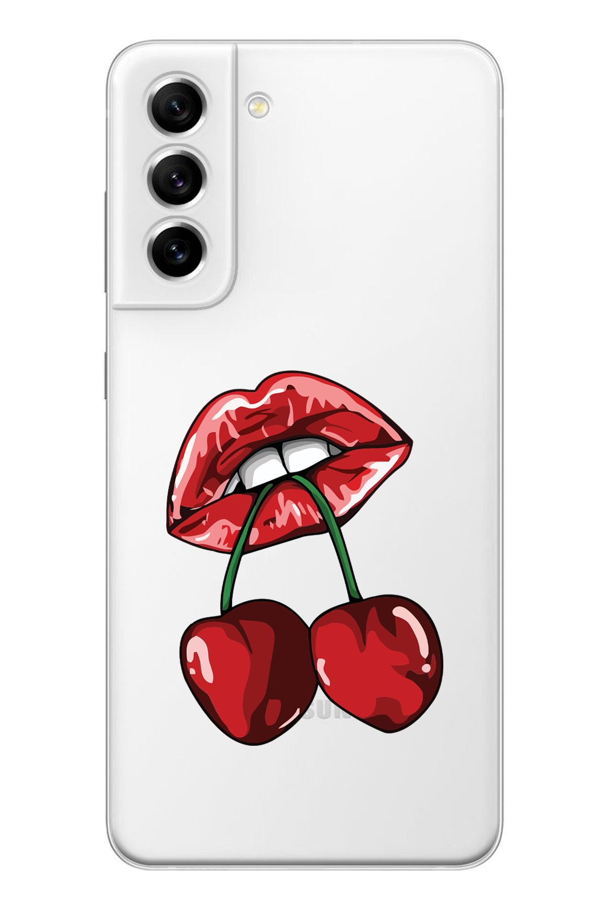 moonset Samsung Galaxy S21 Uyumlu Dudak ve Kiraz Tasarımlı Baskılı Şeffaf Telefon Kılıfı