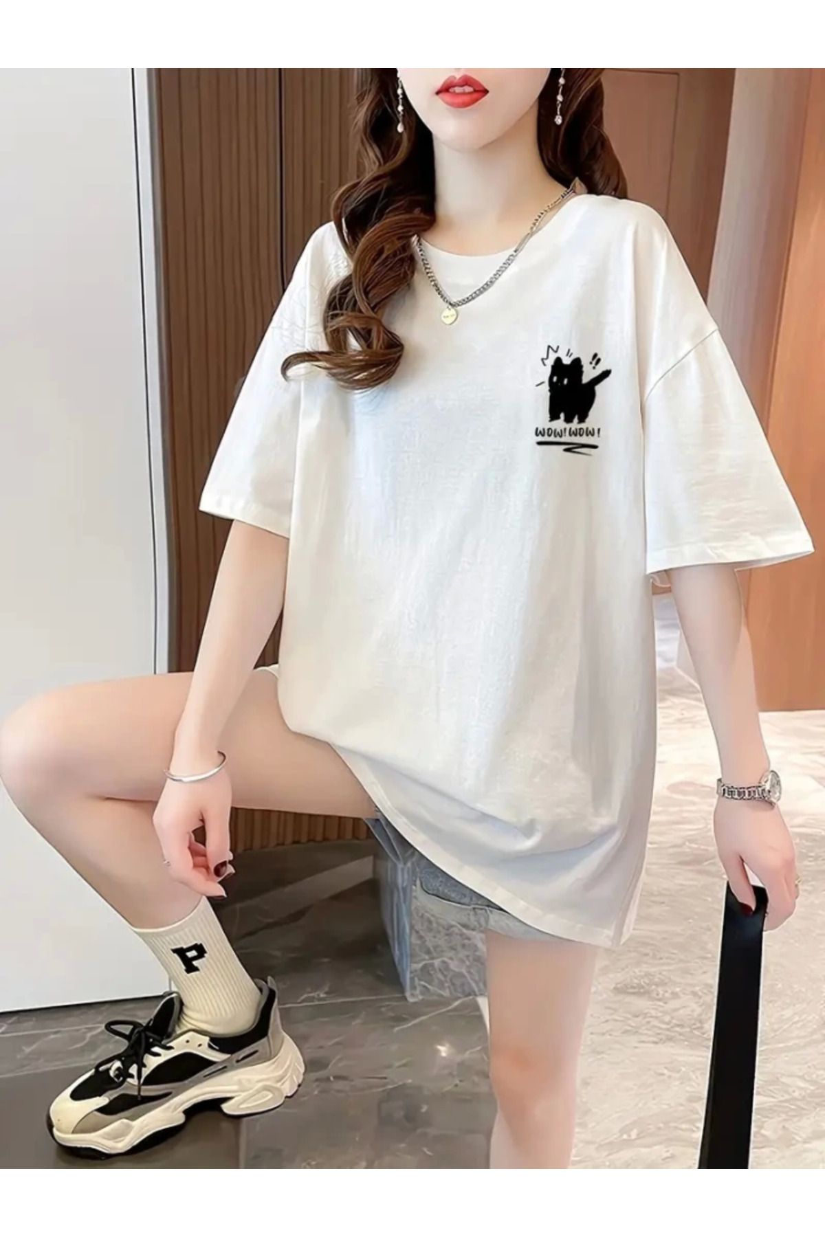 anizmir Baskılı Oversize Bisiklet Yaka T-shirt - Beyaz