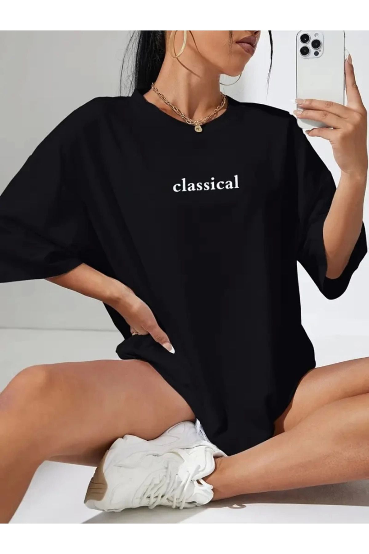 anizmir Baskılı Oversize Bisiklet Yaka T-shirt - Siyah