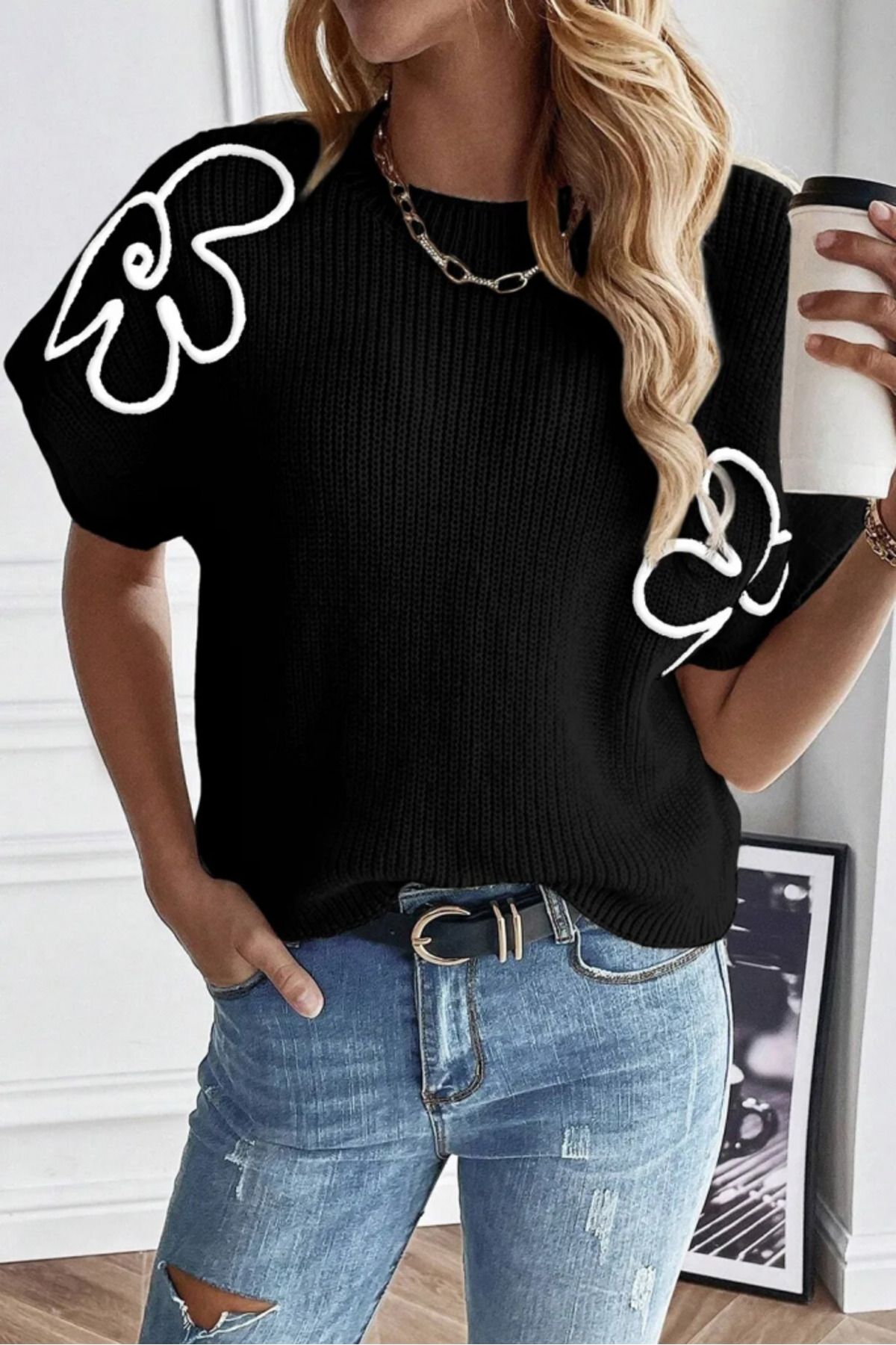 ARUZ MODA Kadın çiçek Detaylı Triko Bluz