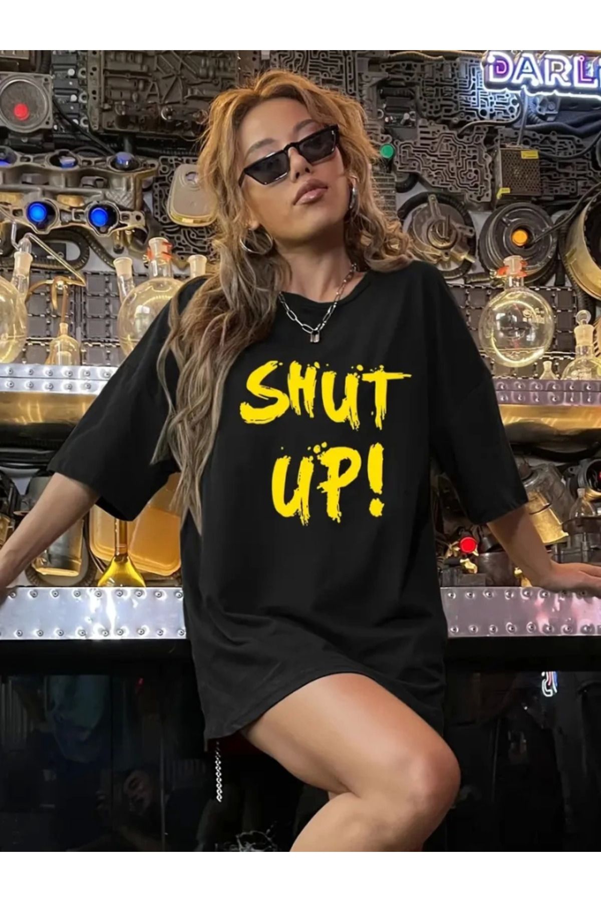 anizmir Baskılı Oversize Bisiklet Yaka T-shirt - Siyah