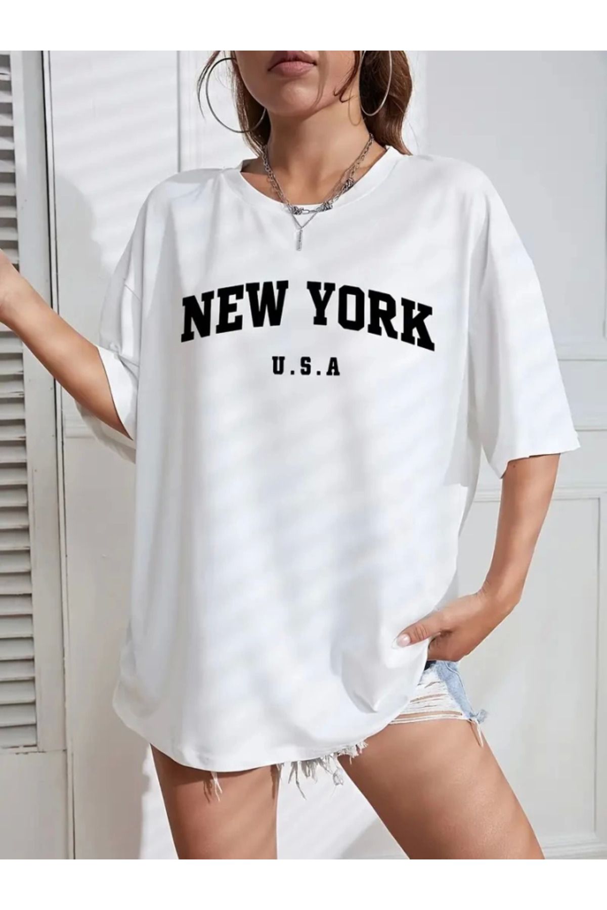 anizmir New York Baskılı Oversize Bisiklet Yaka T-shirt - Beyaz