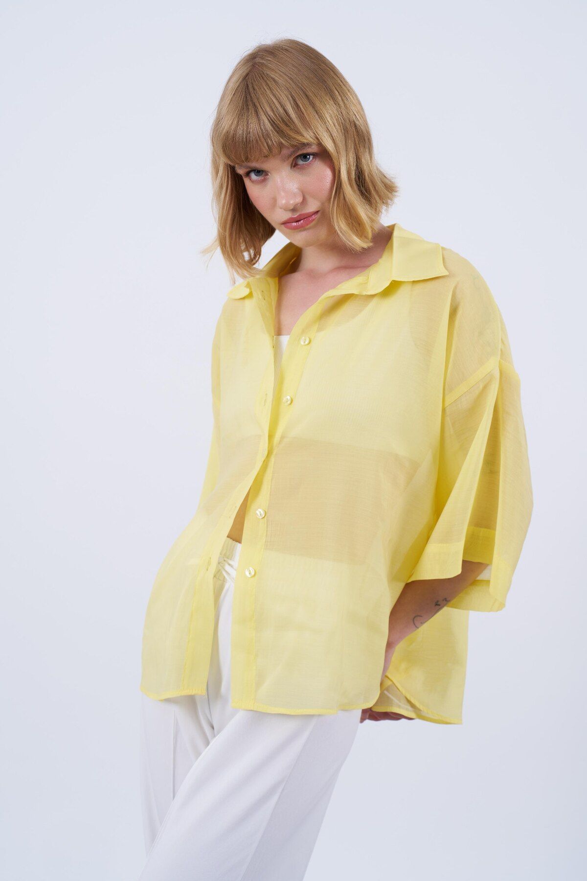 shieba outlet Premium Oversize tulle Kumaş Kısa Kol Gömlek