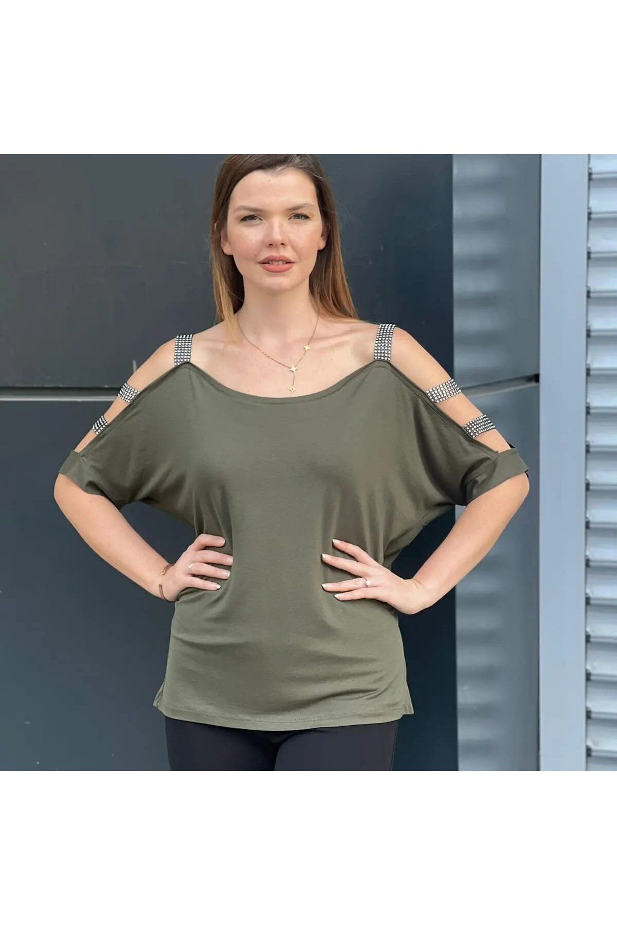 ARUZ MODA Kadın Viskon Kumaş Kolları Taş Detaylı Bluz