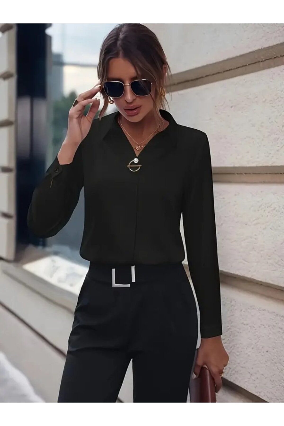 ARUZ MODA Kadın Uzun Kollu Yakalı Trikoton Gömlek
