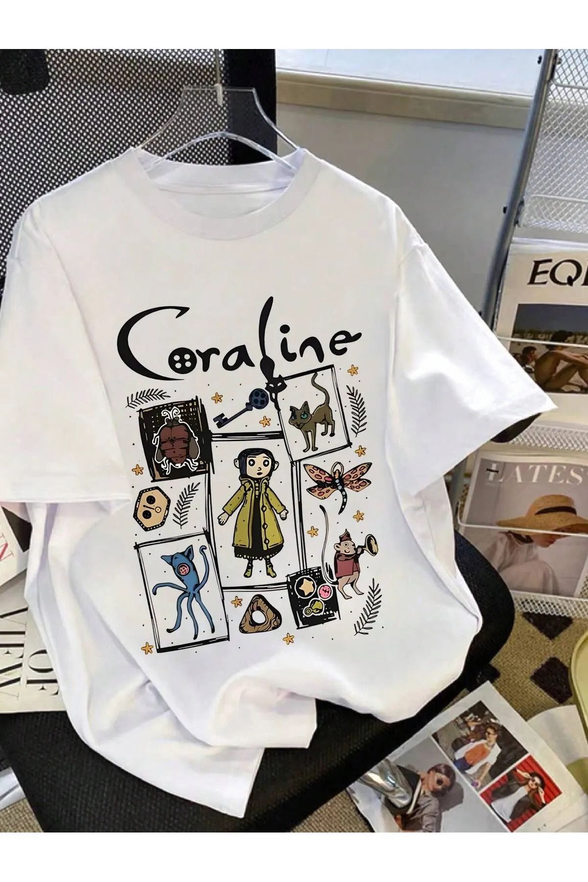 ROYAL FASHİON Coraline T-shirt - Beyaz Oversize Baskılı Bisiklet Yaka Baskılı Kısa Kol Bol