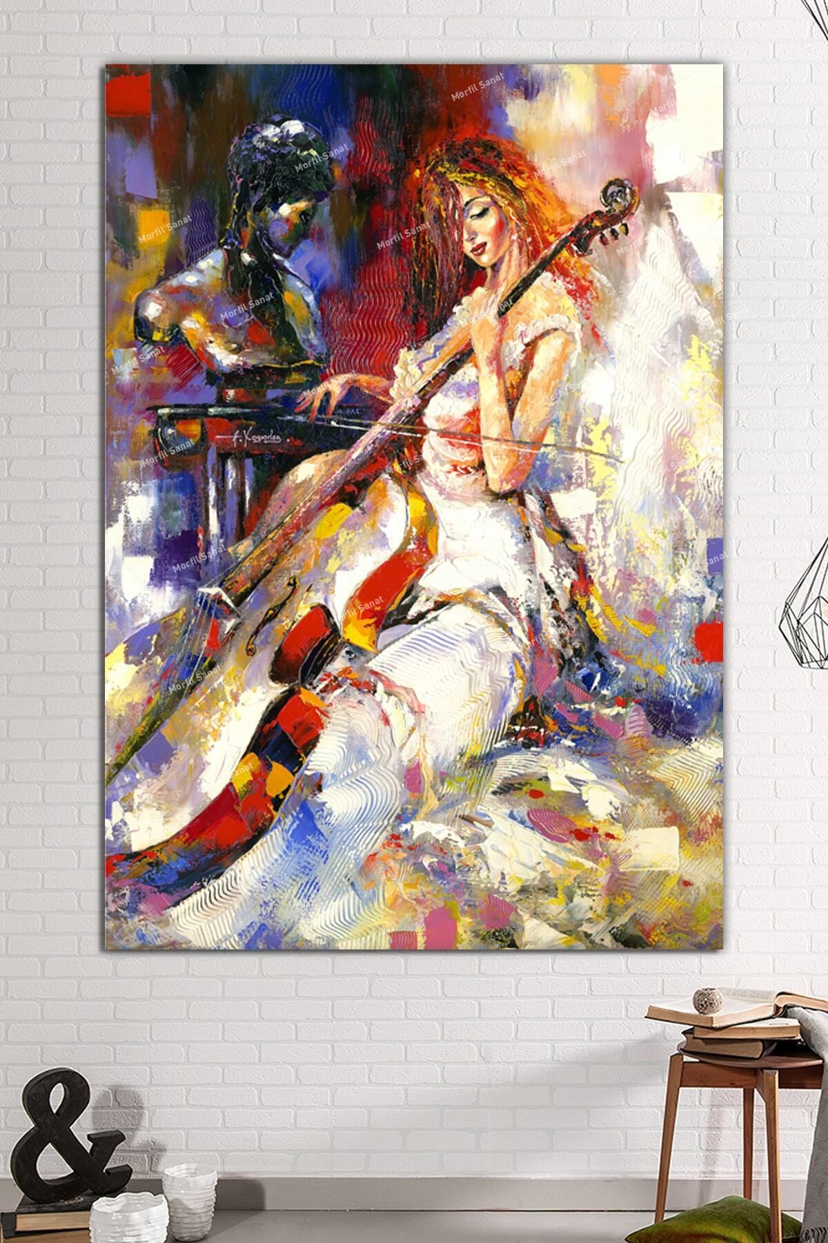 Morfil Sanat Atölyesi Çello Viyolonsel Çalan Kadın Yağlı Boya Efektli Kanvas Tablo 8 Farklı Ölçü