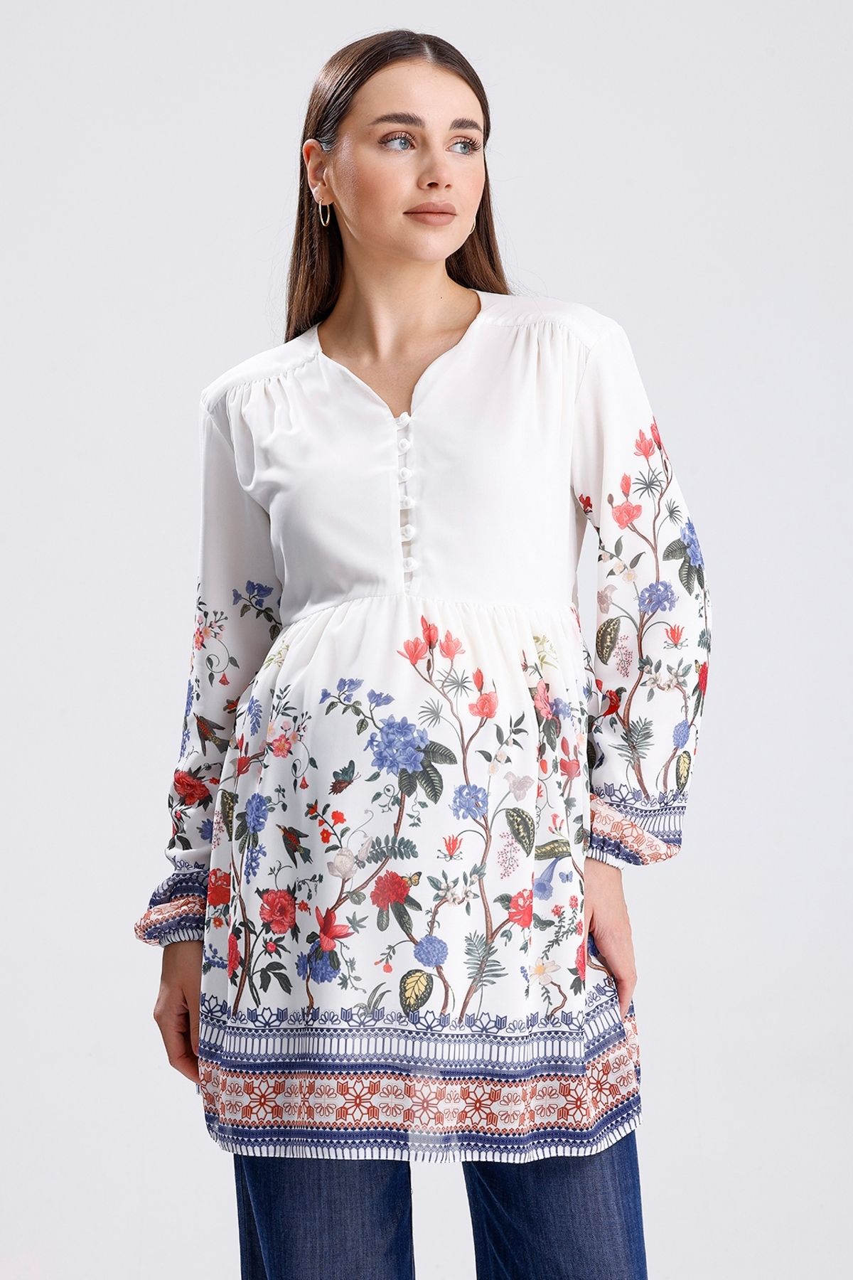 KATLİN MATERNİTY WEAR Hamile Çiçek Desen İçi Astarli Şifon Bluz Yaka Düğme Detaylı (emzirme)