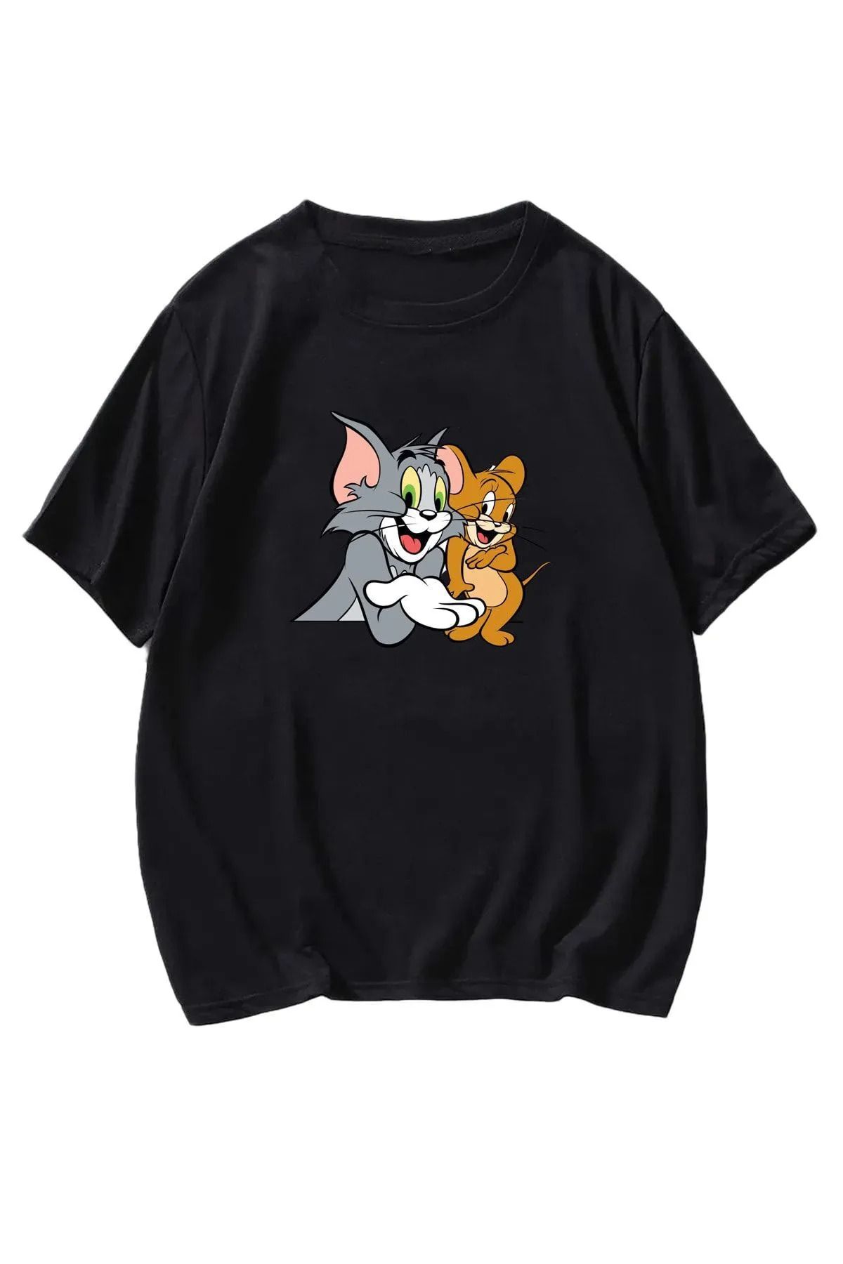 ROYAL FASHİON Tom Ve Jerry T-shirt -siyah, Baskılı, Bisiklet Yaka, Baskılı, Kısa Kol, Boyfriend, Bol