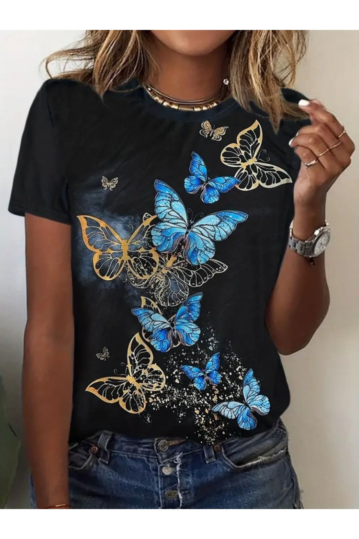 ARUZ MODA Kadın Kısa Kollu Mavi Sarı Kelebek Baskı Süprem Bluz