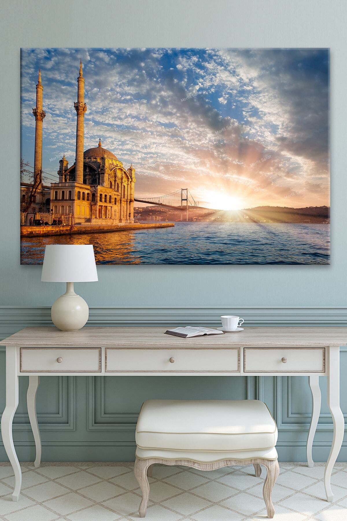 Morfil Sanat Atölyesi Ortaköy Camii Boğaz Gün Batımı Şehir Manzara Kanvas Tablo