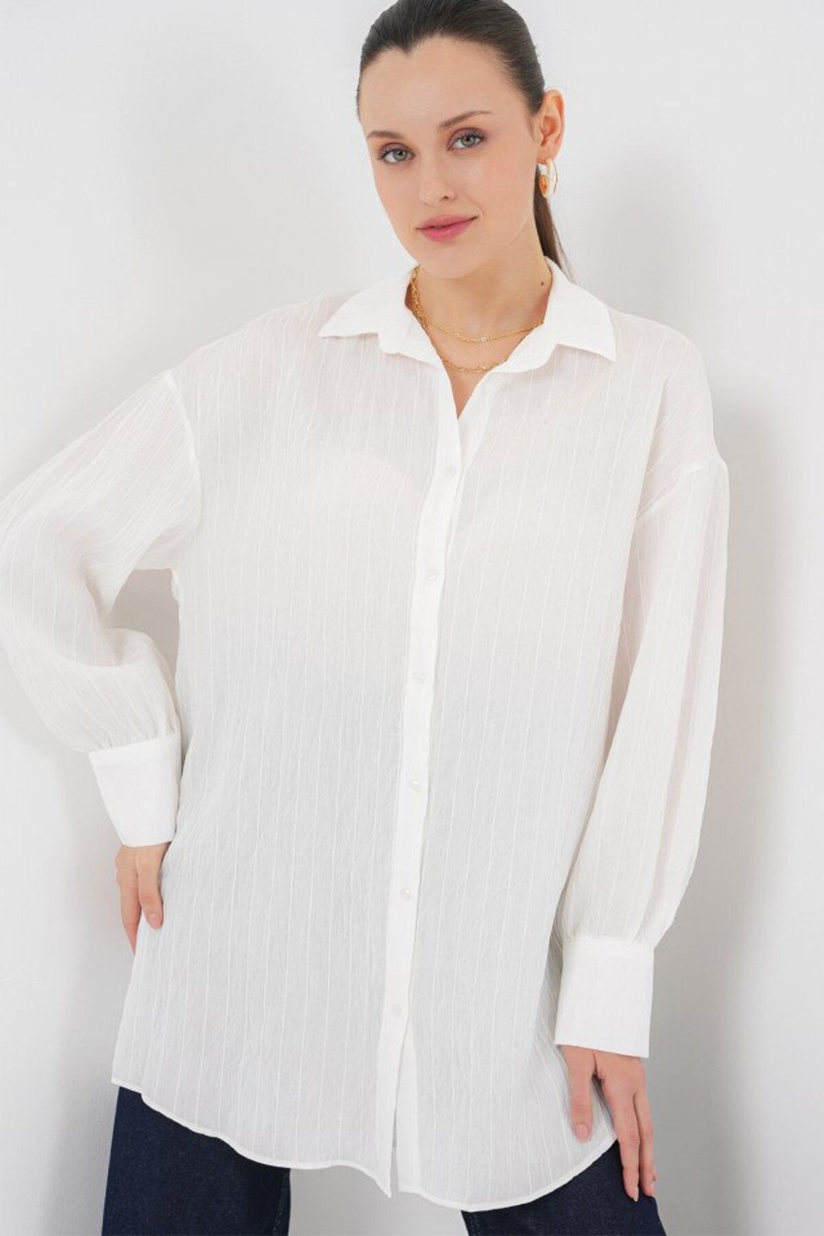 ARUZ MODA Çizgili Uzun Gömlek Tunik 5963 - Beyaz