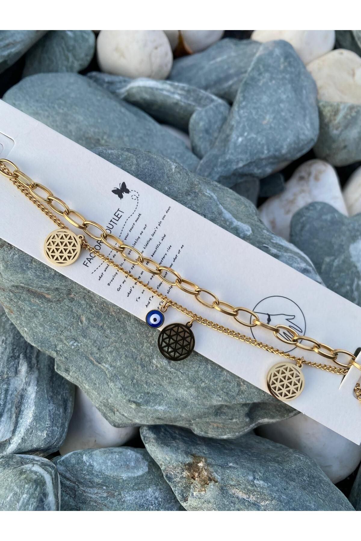 Purplefly Jewels Kadın Mavi Nazar Boncuklu Çoklu Halka Gold Renk 316L Kararmaz Çelik İkili Bileklik PRP-Ç364